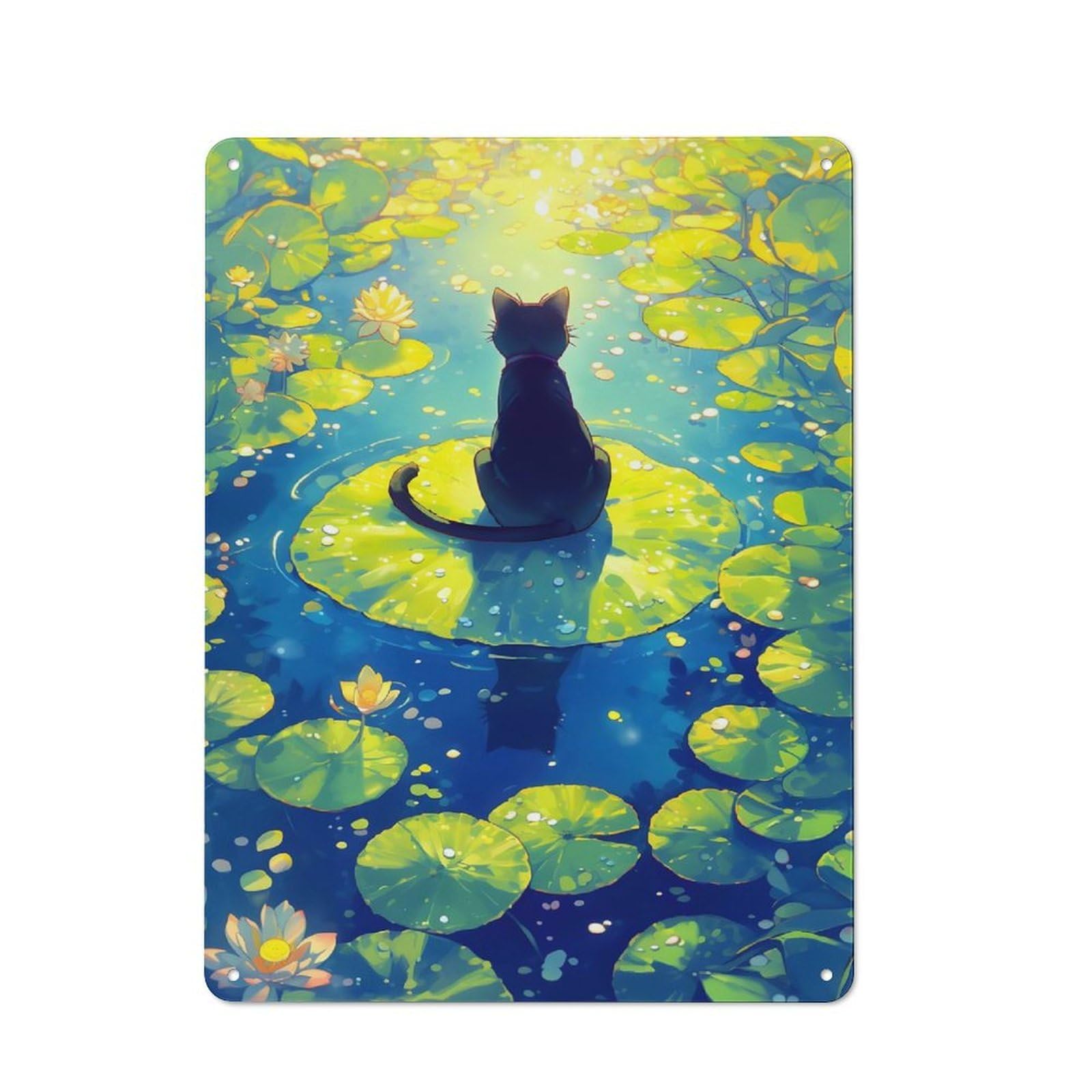 Vintage Black Cat on Lily Pad - Pound Lake Metal Plaque 40x30cm, Diner Style Decor for Coffee Bar, Kitchen, Bistro Or Tea Corner