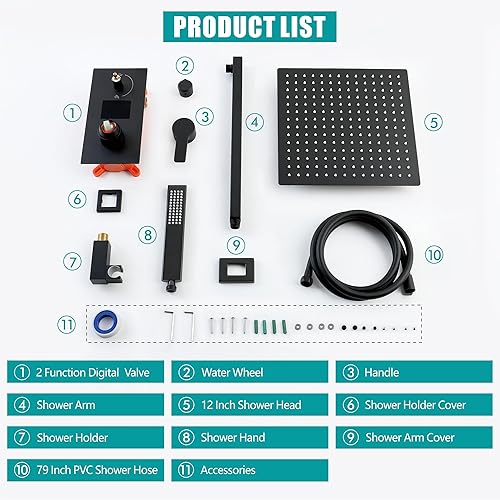 Miniatura 18 de SKOWLL Sistema de cabezal de ducha digital de 12 pulgadas, juego de mezclador de ducha de lluvia para baño, kit de grifo de ducha de montaje