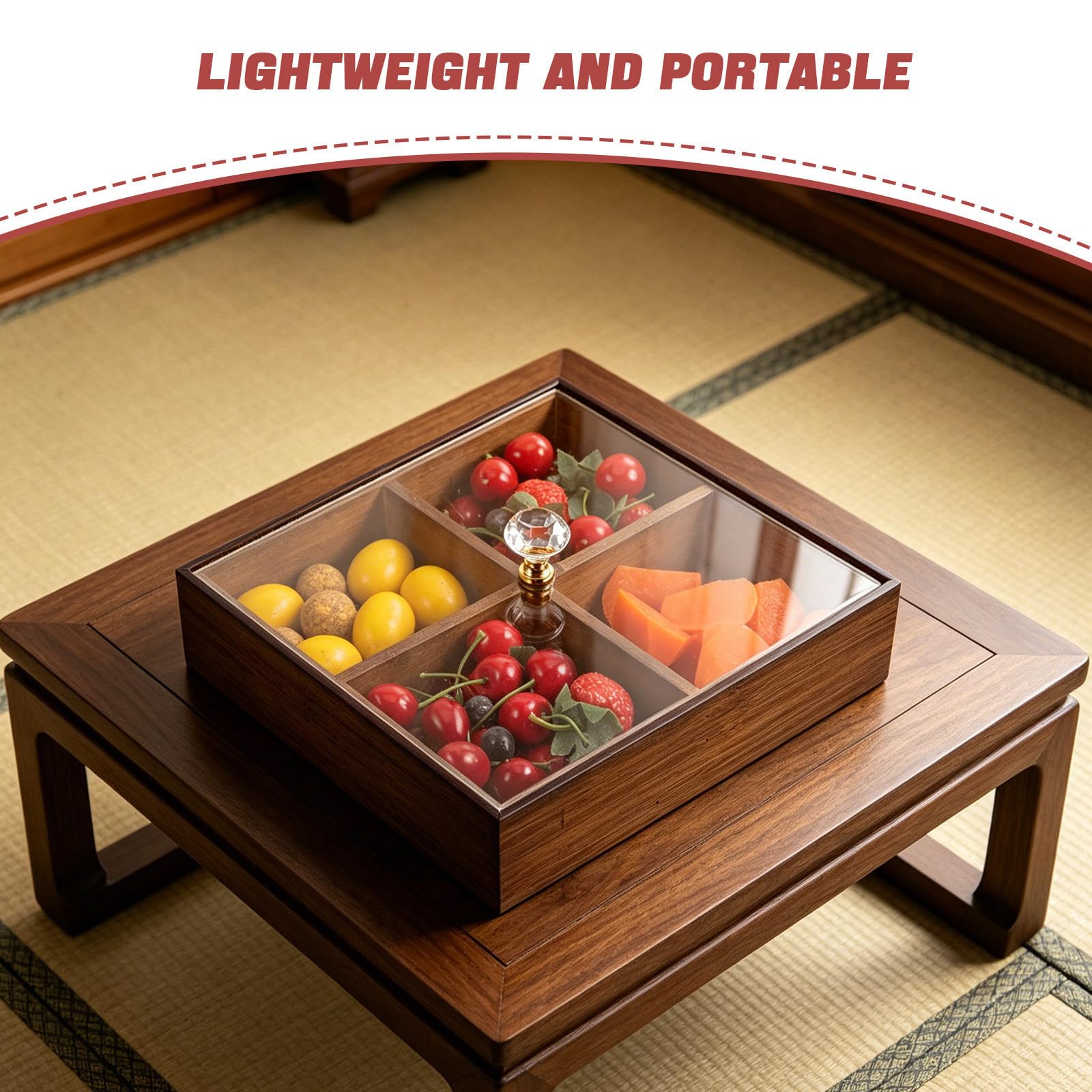 FRCOLOR Bandeja de Bambú Bandeja Dividida de Madera Natural con Tapa y Compartimentos para Frutos Secos para Servir Aperitivos Reuniones
