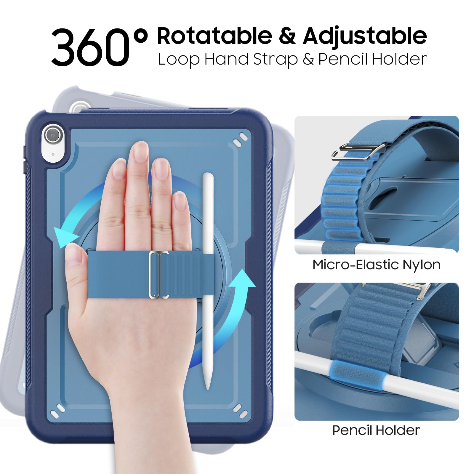 SEYMAC stock Coque pour iPad (A16) 11ème/10ème Génération 11''/10,9'' 2025/2022, Antidérapant Givré/Antichoc, avec [Support/Dragonne Rotatif à 360°] Protecteur D'écran & Porte-Stylet, Bleu Foncé