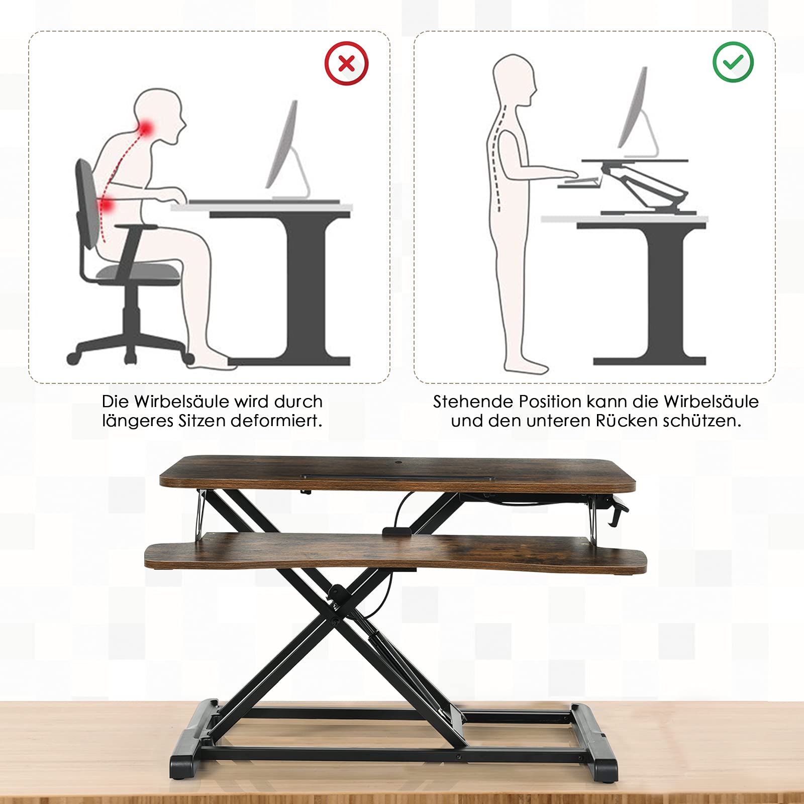 DREAMADE Höhenverstellbarer Sitz-Steh-Schreibtisch, Ergonomischer Schreibtischaufsatz mit Tastaturablage, Steharbeitsplatz, Stehpult für Computerbildschirm Laptop, Ideal für Homeoffice (Braun)