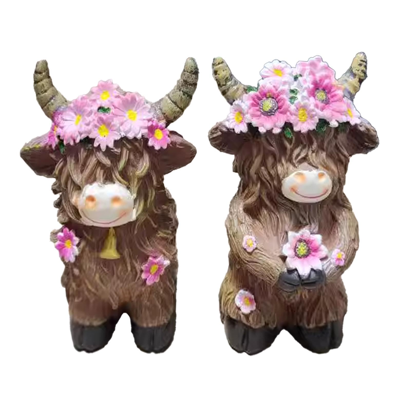 Gnome vache Highland en résine figurine rustique de décoration pour table et jardin