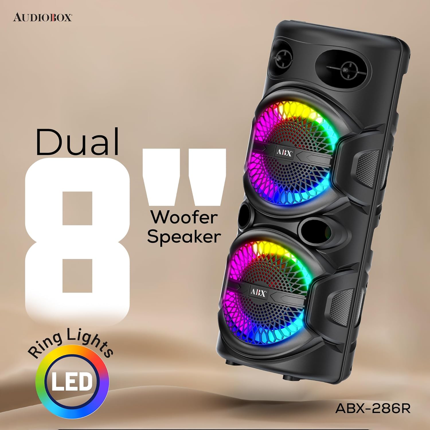 Audiobox Portable Bluetooth Speaker – Dual 8” Woofers, LED Ring Lights, Mic Input, Rechargeable Battery – Loud Bass, Fun Lights, Perfect for Kids Parties, Beach, Pool & Karaoke
