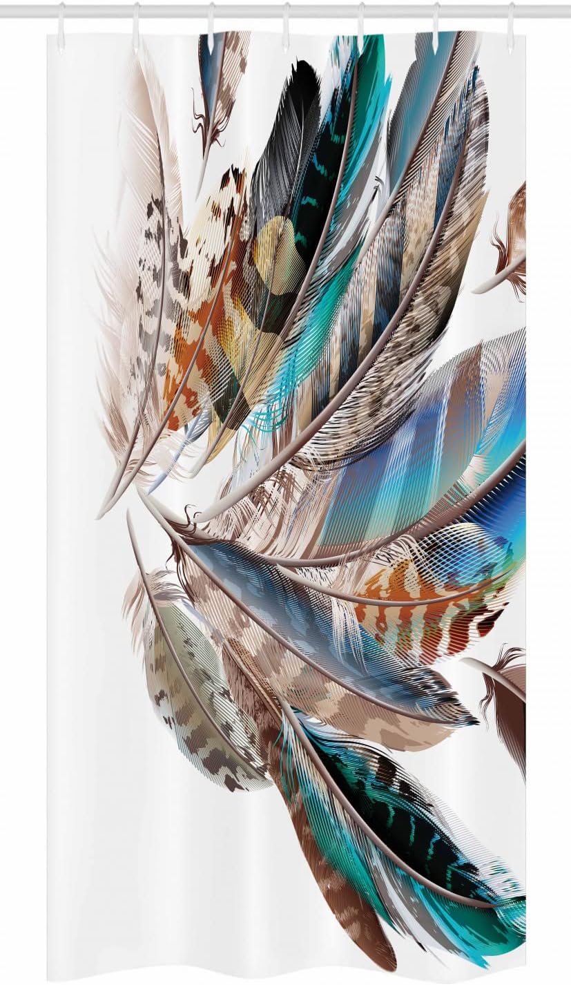 Ambesonne Feathers Stall Shower Curtain, Vaned Types and Natal Contour Flight Bird Feathers and Animal Skin Element Print, Fabric Bathroom Decor Set with Hooks, 36" X 72", Teal Brown