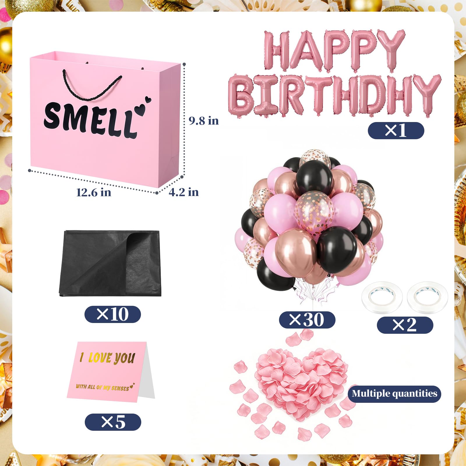 5 Senses Gift Bags for Him with Labels, 12.6"x 9.8"x 4.2" Gift Bag Tissue Paper Happy Birthday Decorations Kit with Banner, Balloons, Rose Petals, Card for Men, Women, Wedding, Valentine's Day