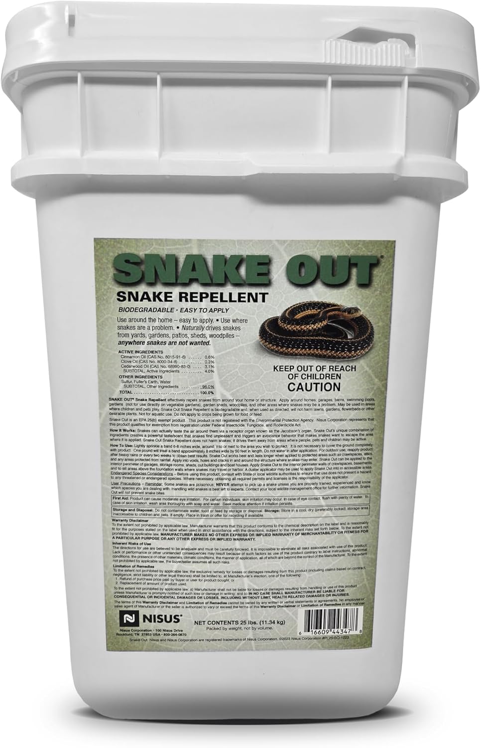 Nisus Snake Out Snake Repellent, Biodegradable, Safe for Pets and Children, Easy Application for Yards, Gardens, and Sheds, 25 lbs