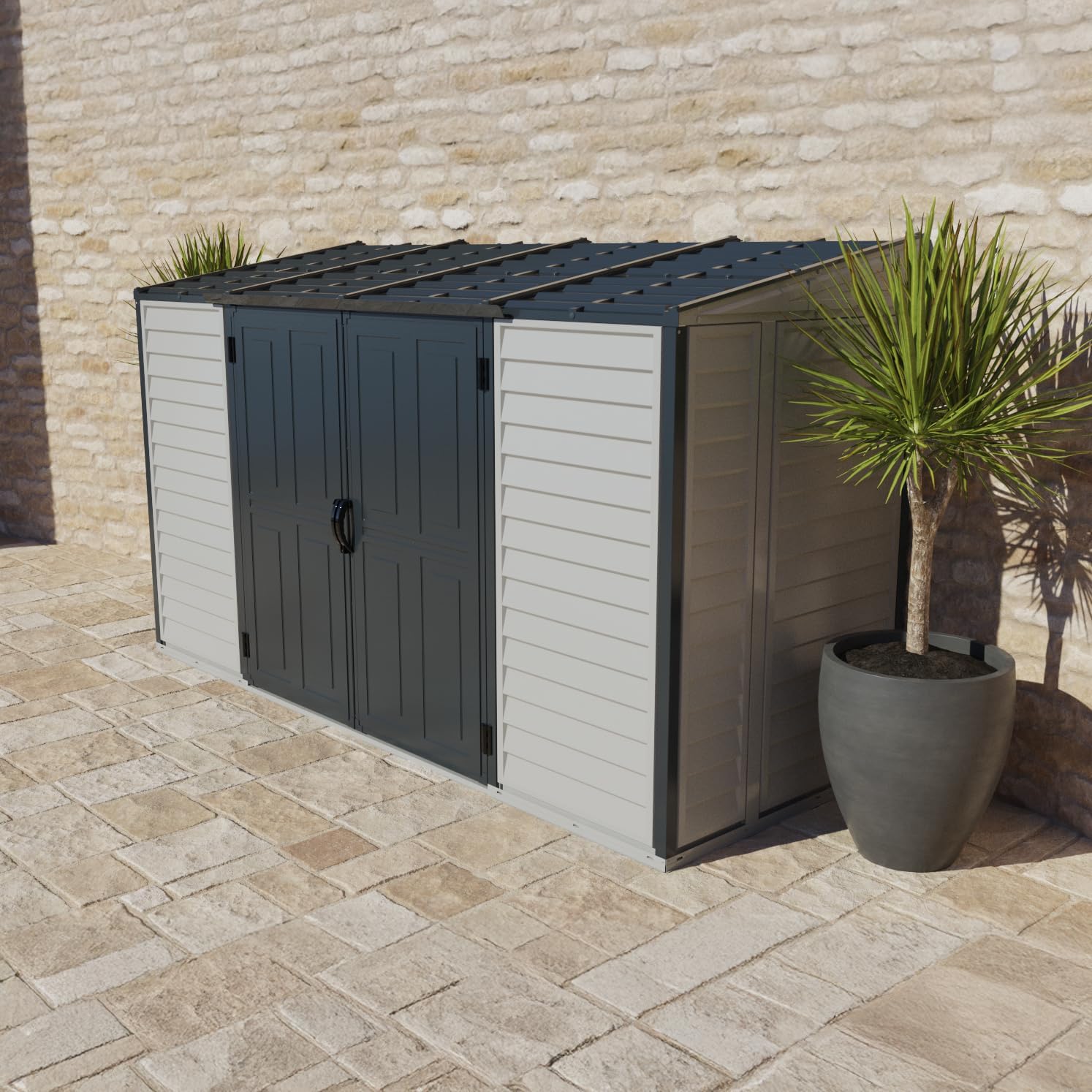 Duramax SideMate Plus 10x4 Vinyl Shed with Foundation Kit – Maintenance-Free Outdoor Storage Shed with Double Doors, Reinforced Metal Frame & Vents – Ideal for Side of House