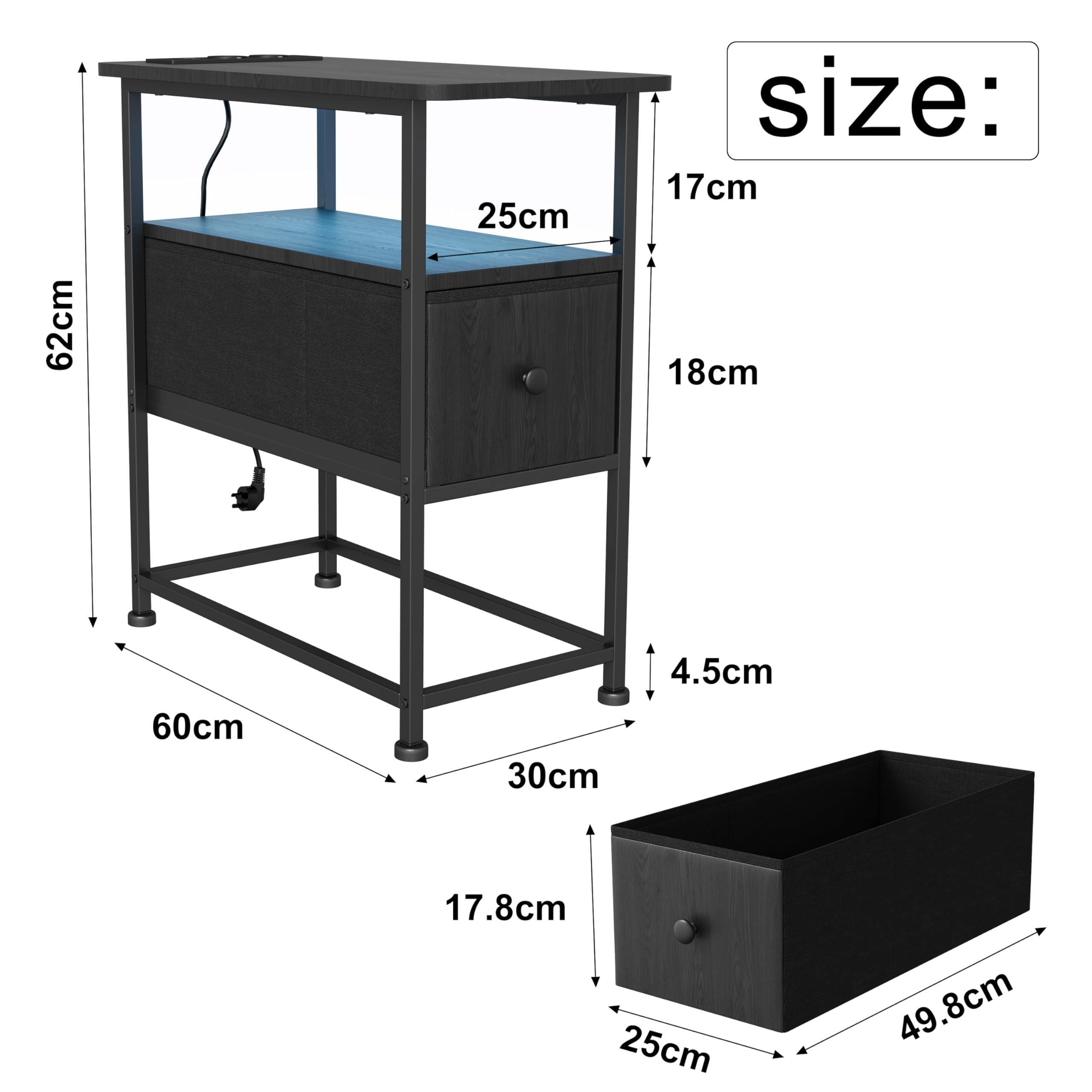 Stolik pomocniczy wąski z lampkami LED i stacją ładującą, stolik nocny z 1 szufladą z materiału, stolik kawowy z otwartym regałem, do sypialni, salonu, 60 x 30 x 62 cm (czarny)