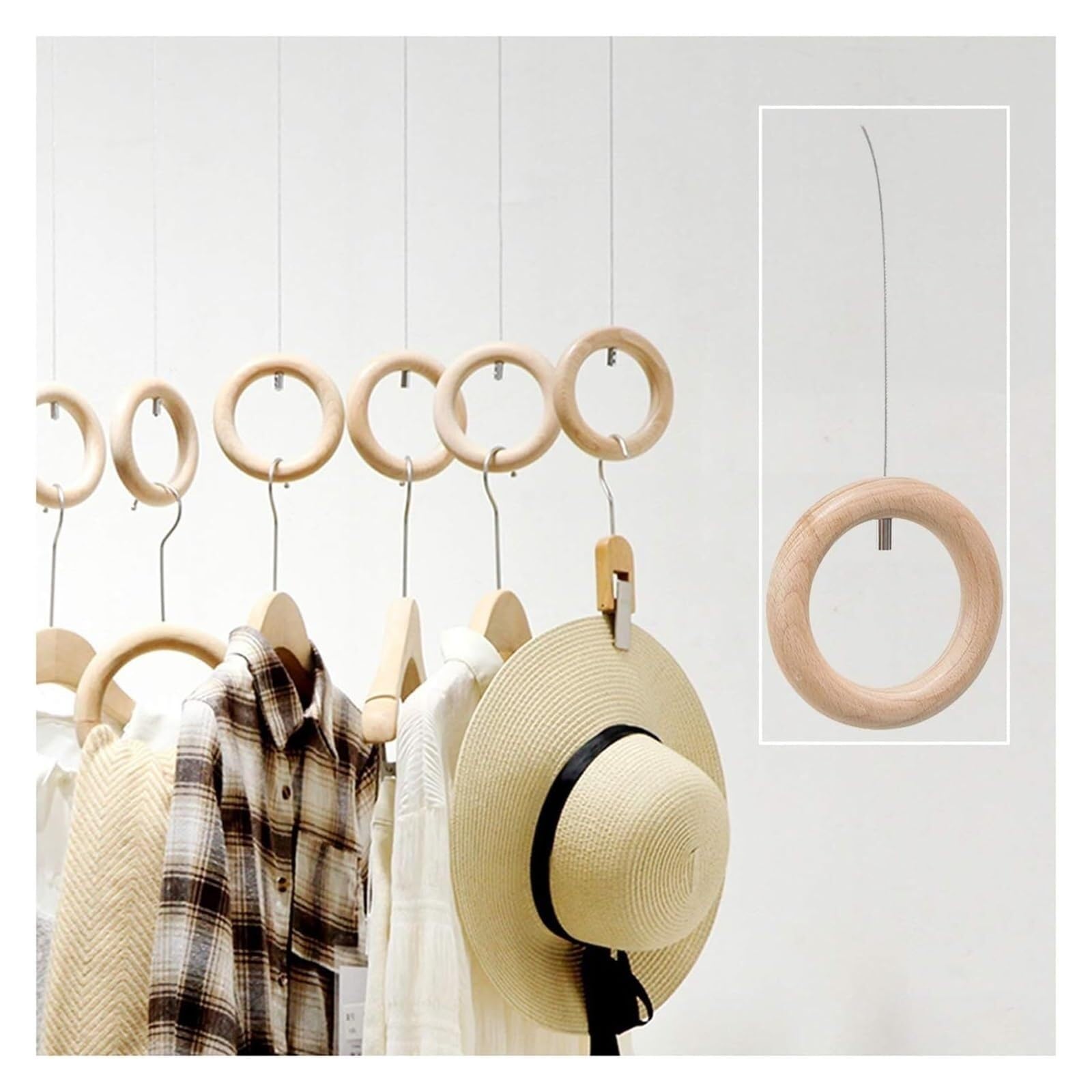 Wall-Mounted Clothes Rail Solid Wood Garment Rack with Metal Chain Organizer Display Stand for Bedroom Hallway Closet 44lb