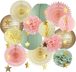 15 Piece Party Decor - Green, Paper Lanterns, Fans, Honeycombs, Star Garland