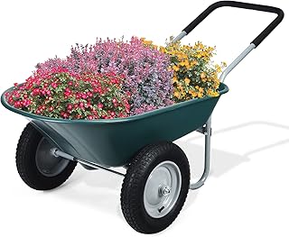 S AFSTAR 2 Wheels Wheelbarrow, Heavy Duty Garden Cart w/Two 13-inch Pneumatic Tires, 330 lbs Capacity, Utility Cart for Outdoor Lawn Yard Farm Ranch (Green)