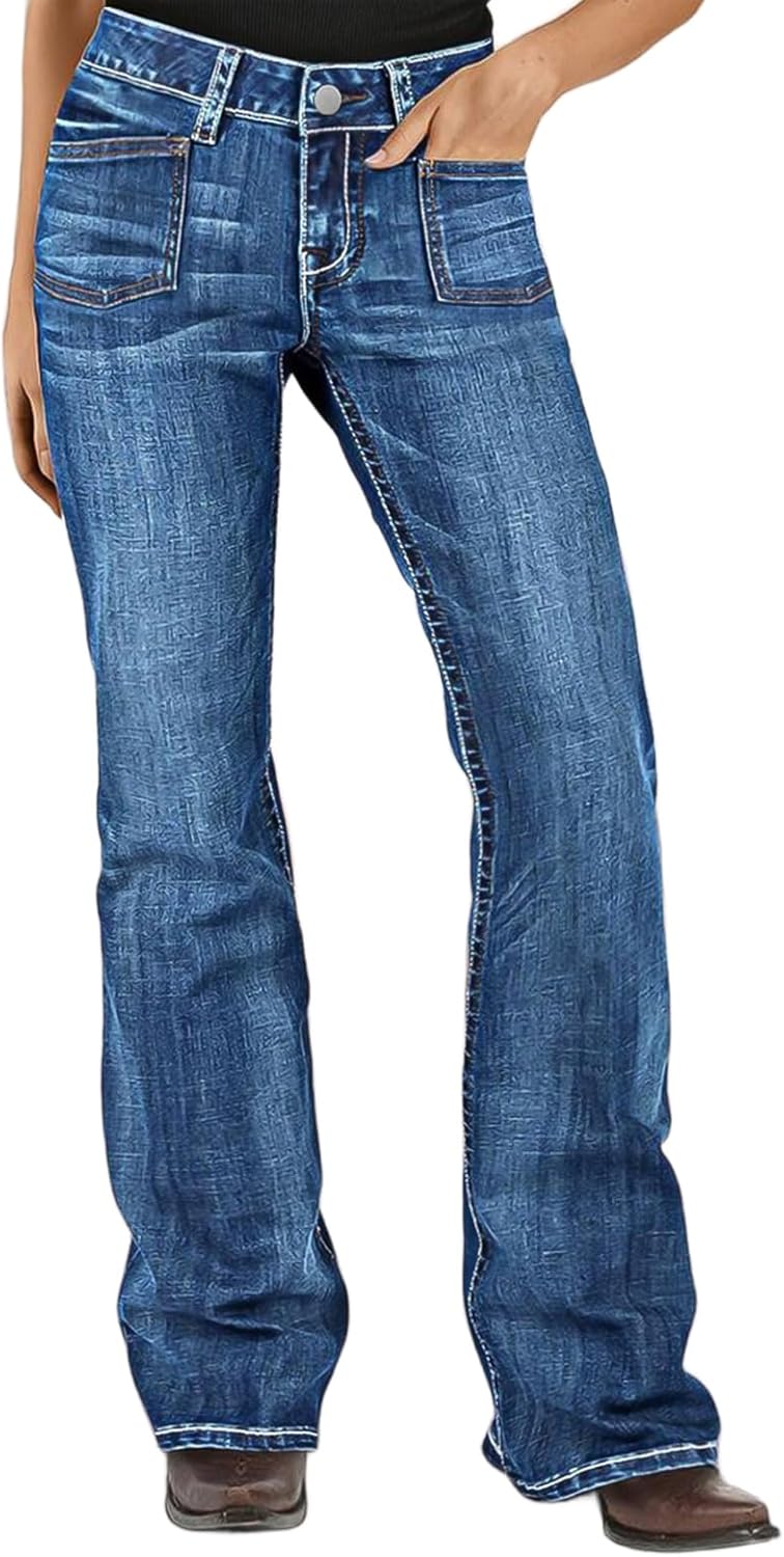 Flamingals Bootcut Jeans for Women Mid Waist Denim Washed Skinny Pants with Patch Pockets