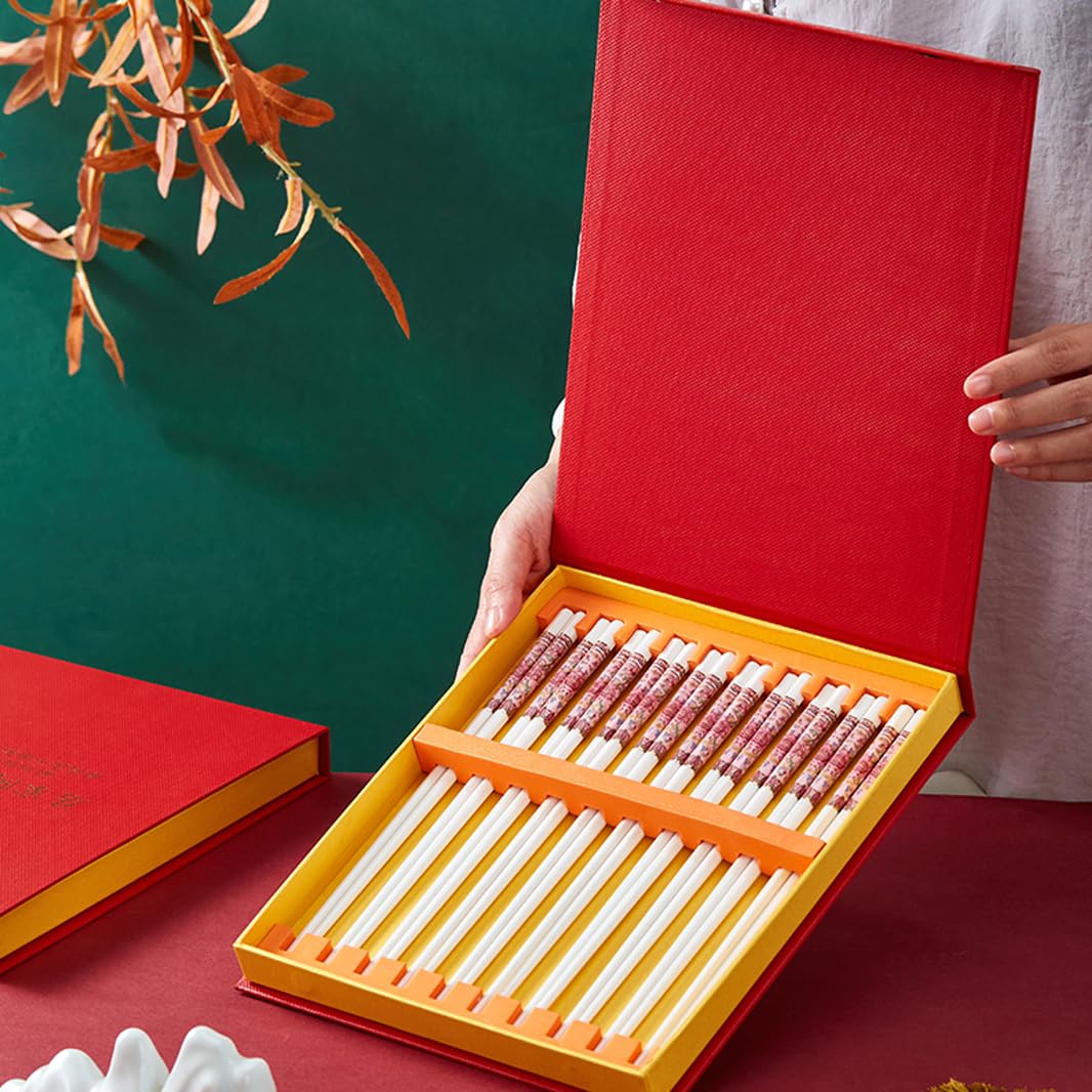Coffret Cadeau de 10 Paires de Baguettes en Porcelaine Chinoise, réutilisables et lavables au Lave-Vaisselle, avec étui, Baguettes antidérapantes en céramique o(R)