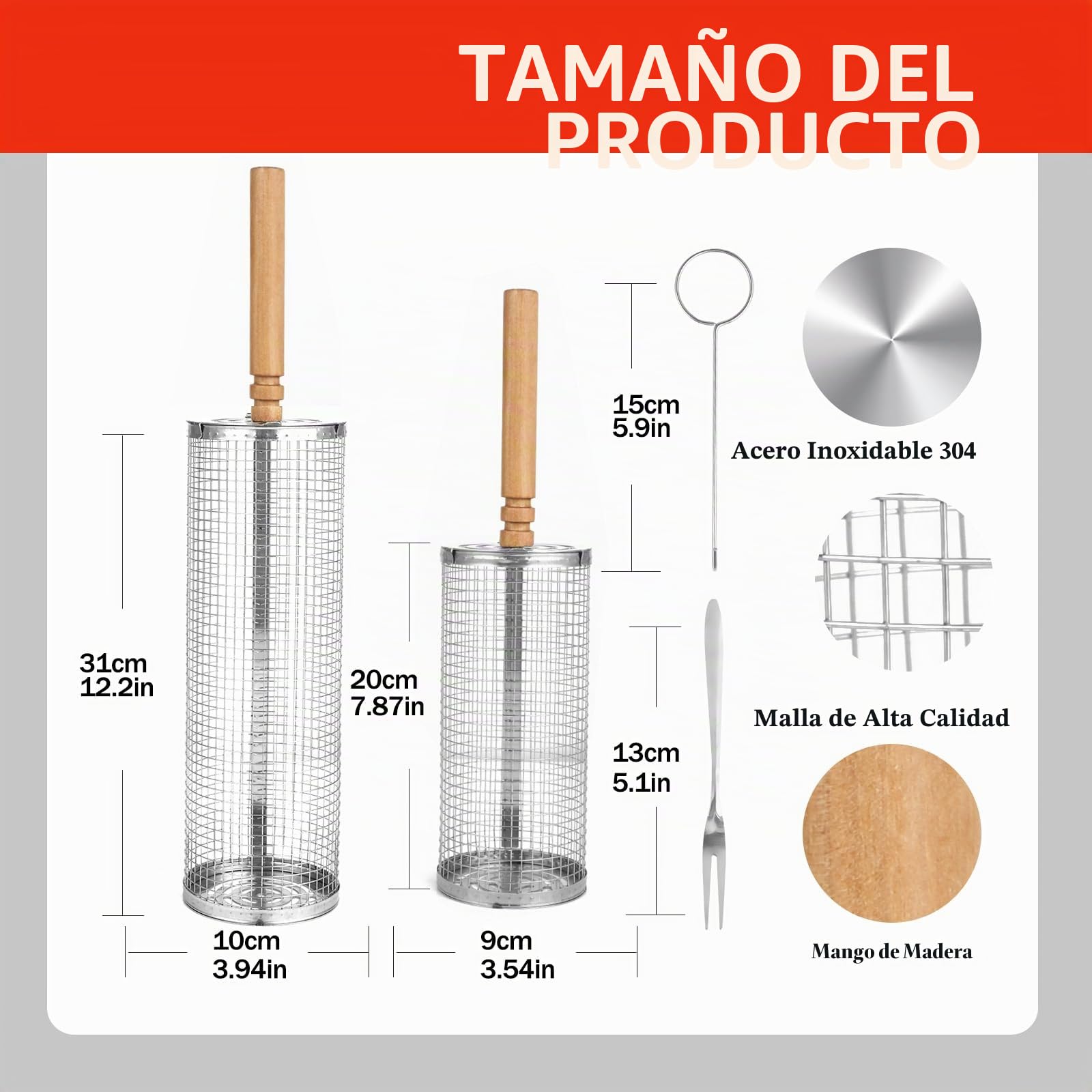 Juego de 2 Cestas para Parrilla Anidadas - Acero Inoxidable 304 con Mango de Madera Desmontable - Para Verduras y Carne - Accesorios para Parrilla/Camping/Barbacoa a Gas