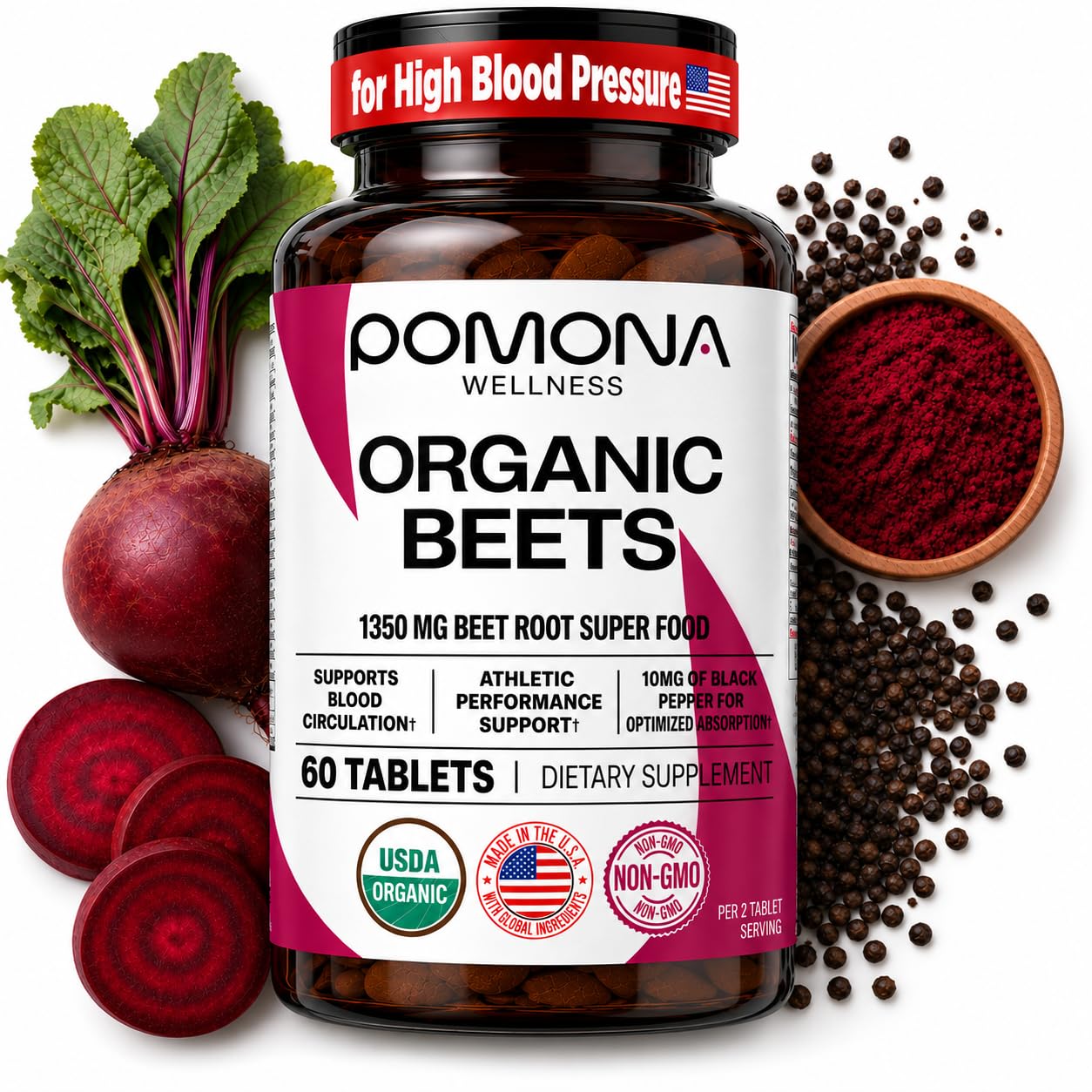 Pomona Wellness Pré-treino de beterraba orgânica em pó 1.350 mg, 60 comprimidos