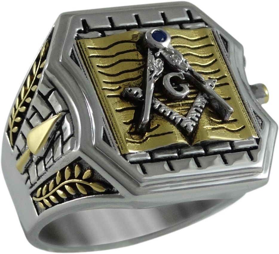 UNIQABLEHistorical Master Mason Bible Sterling Silver 925 Masonic 18k Gold Plated Freemason Man Size Ring KTR009