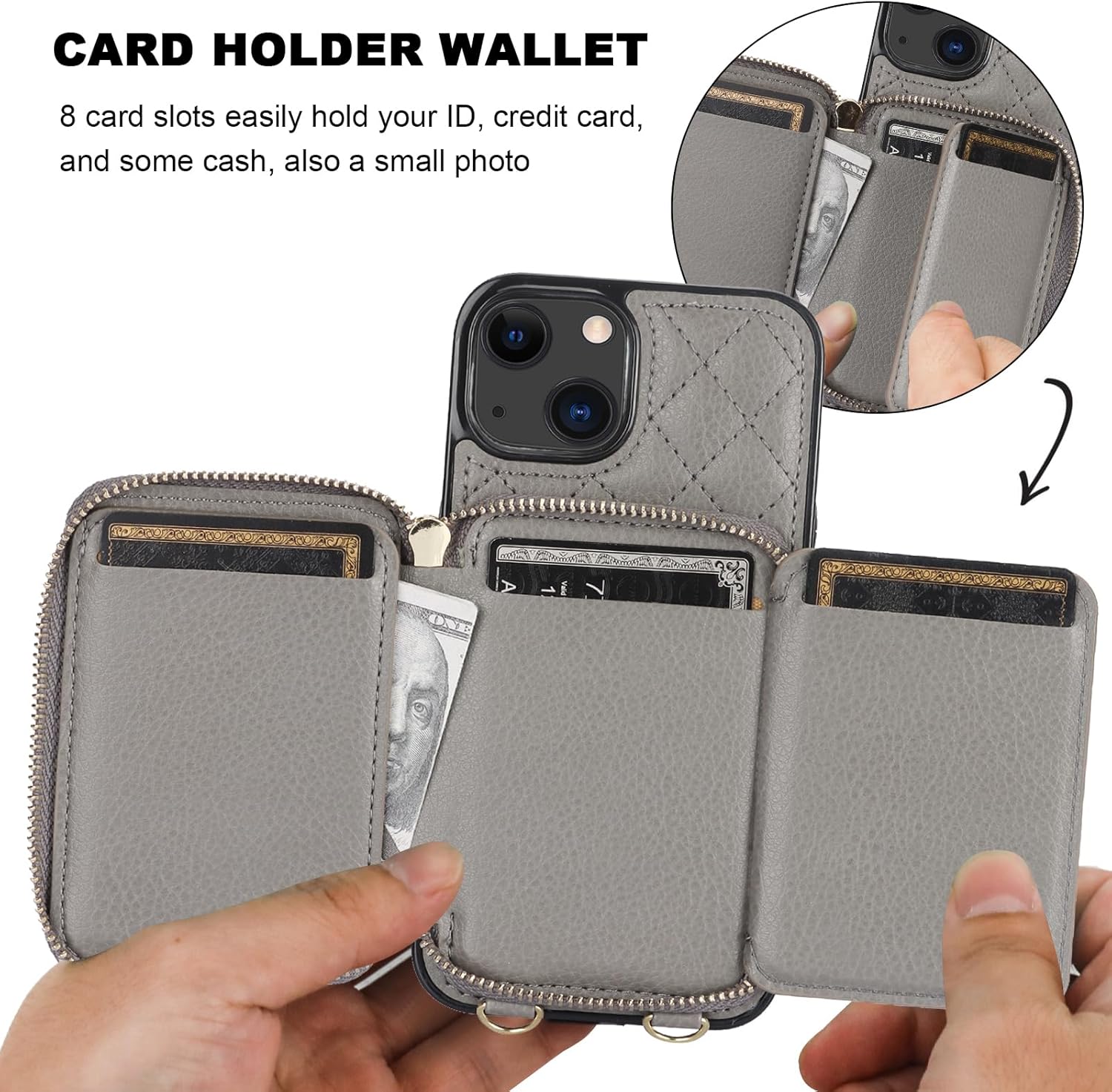 Bocasal Crossbody Wallet Case for iPhone 13, RFID Blocking PU Leather Zipper Handbag Purse Flip Cover, Kickstand Folio Case with Card Slots Holder Wrist Strap Lanyard 5G 6.1 Inch (Grey)