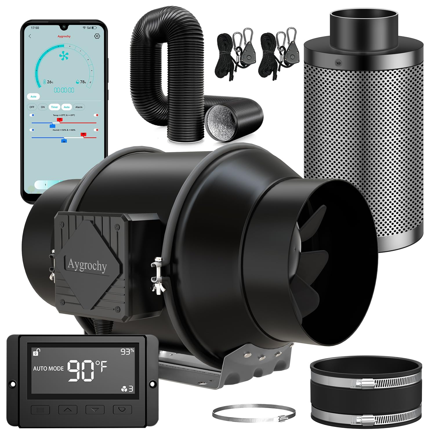 Aygrochy Grow Abluft set 150mm, grow lüfter set, Rohrventilator app mit Temperatur- und Feuchtigkeitsregler, WiFi App Steuerung, Aktivkohlefilter Schlauch, Belüftungssystem Lüftungsset für Growzelt
