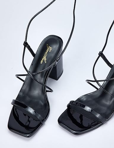 Miniatura 3 de GENSHUO Sandalias de punta cuadrada para mujer, con cordones, tacones altos y gruesos, sandalias de tiras de tacón de bloque, envoltura al tobillo,