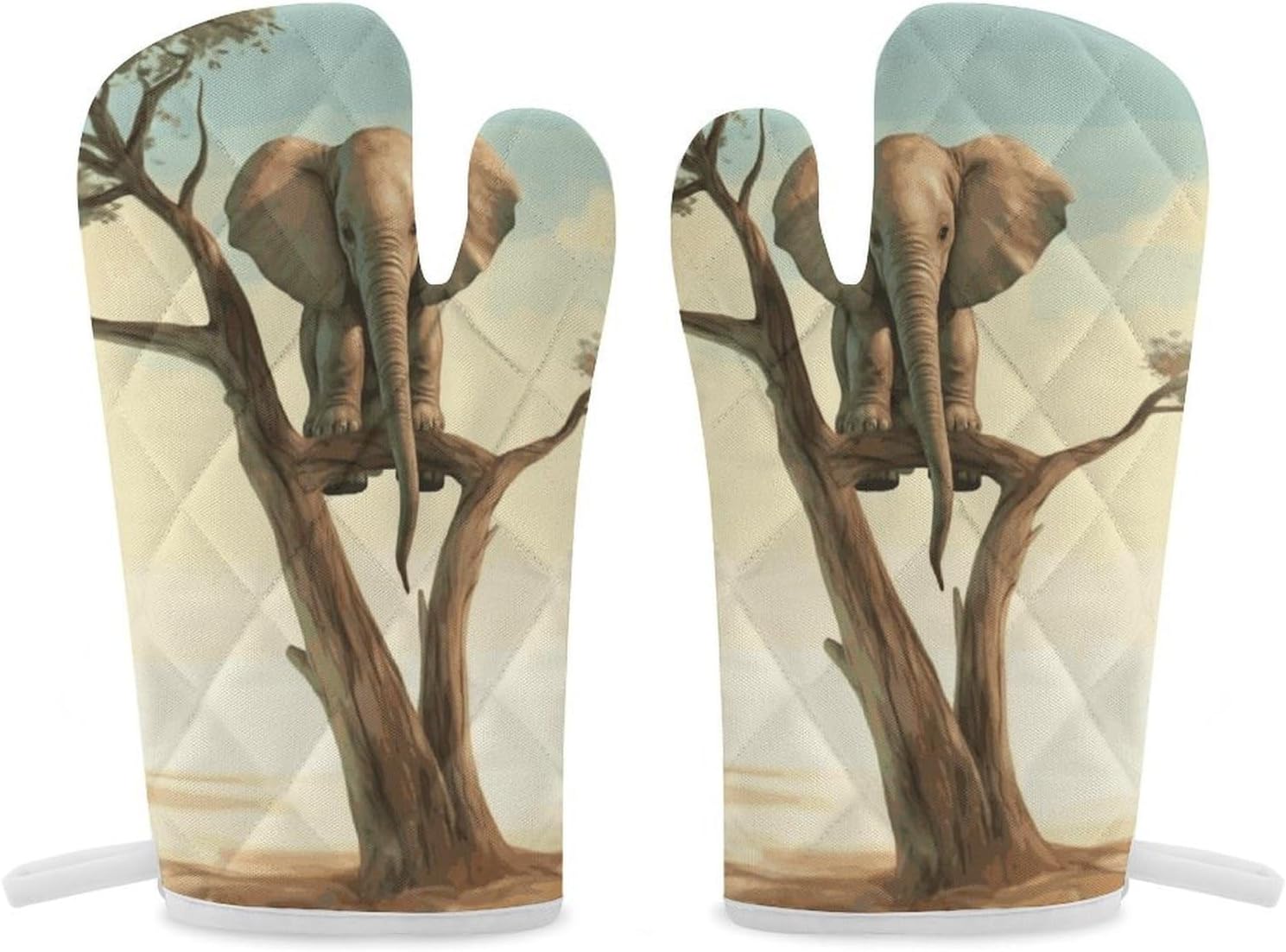 2 Pcs Oven Mitts Heat Resistant Kitchen Gloves Soft Safety Little Elephant on Tree Oven Glove for Microwave, Barbecue