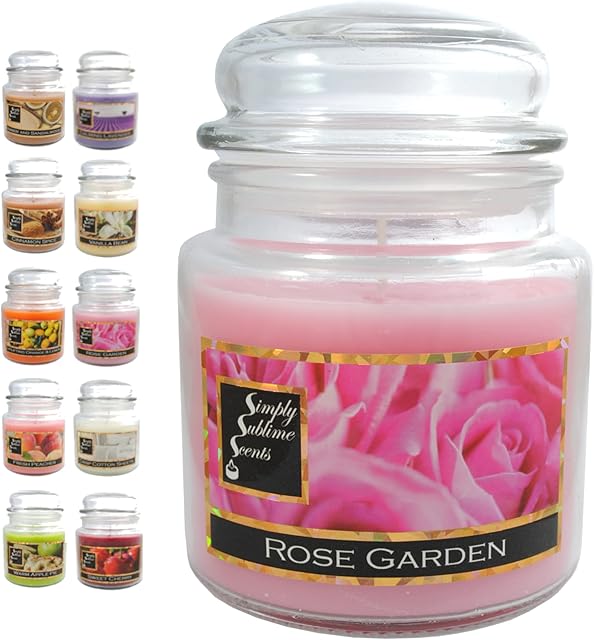 SIMPLY SUBLIME SCENTS - Luxury Scented Candle - Exceptional Fragrance Oil - Medium Glass Jar, Up to 76 Hours - Clever Wax Formula for a Long, Clean and Even Burn - Rose Garden - Cotton Wick