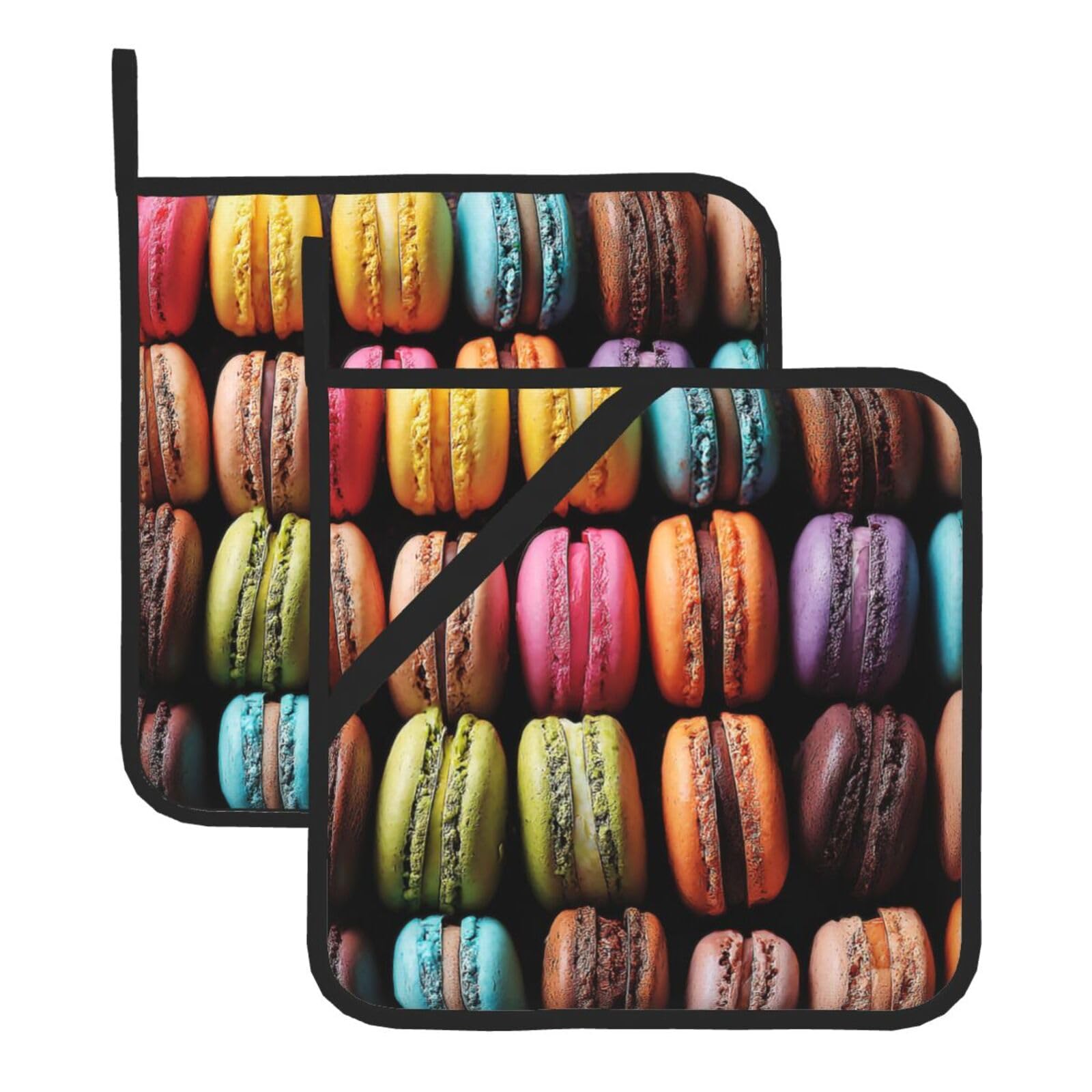 Pot Holders Set of 2 Heat Resistant Oven Hot Pads Macaron Biscuit Flavored Pastries Pot Holders Soft Cotton Lining Potholders Non-Slip Kitchen Potholders for Cooking Oven Kitchen Accessories