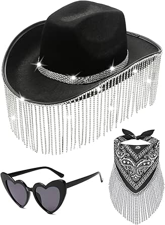 Black Rhinestone Cowgirl Hat for Women - Black Cowboy Hats Fringe ...