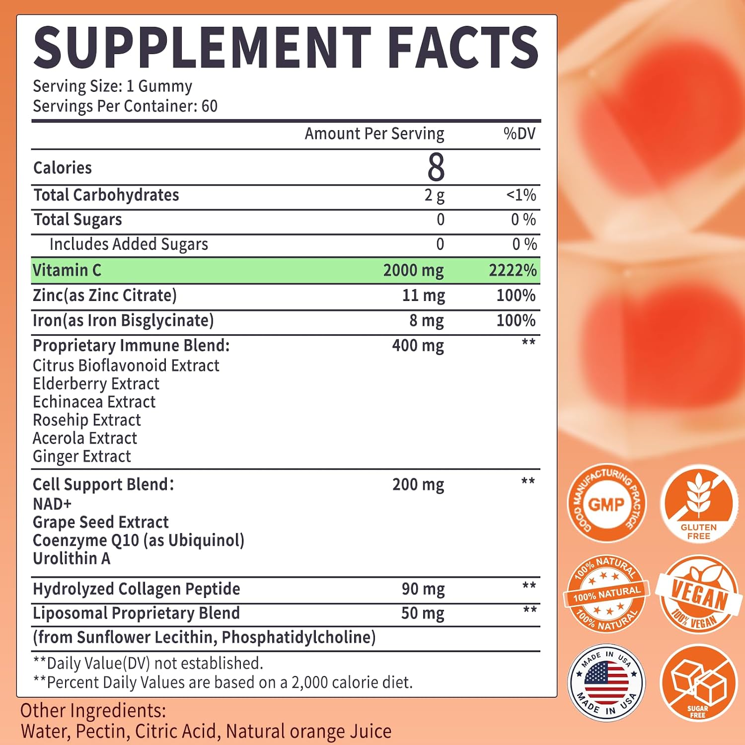2000mg Liposomal Vitamin C Gummies for Adults, Elderberry Vitamin C and Zinc, NAD, Elderberry, NAD,for Immune Support Supplement, Sugar Free, 60 Counts, Orange Flavor