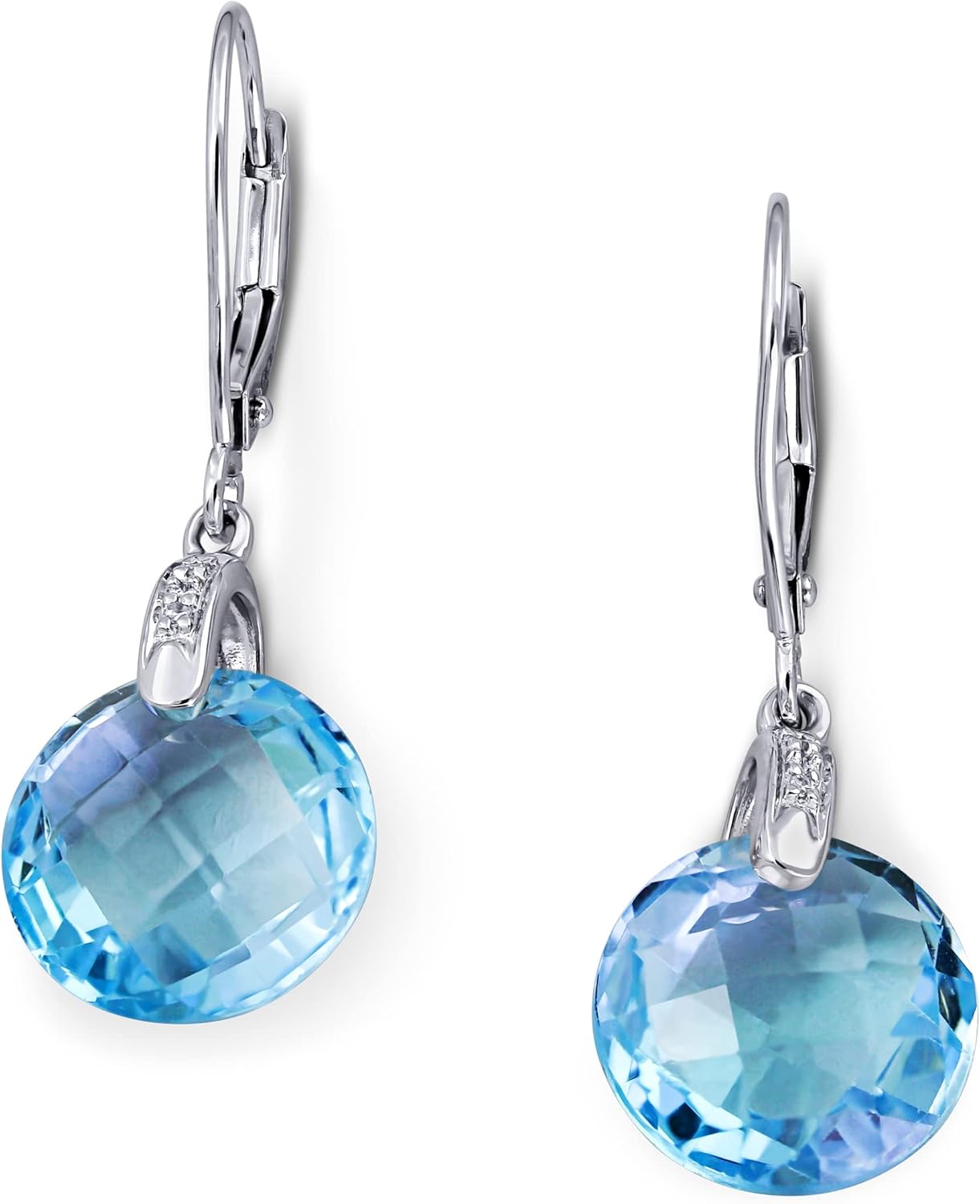 14K White Gold Genuine Blue Topaz 12mm, Diamonds Dangle Earrings
