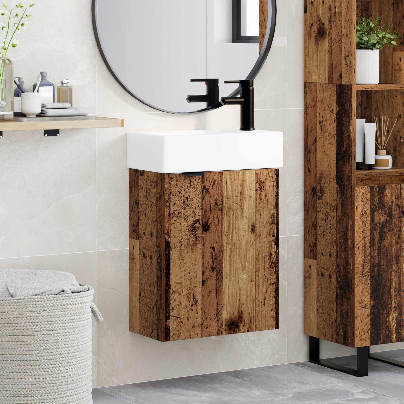Armario de baño de madera con sistema de desagüe | Múltiples compartimentos, instalación de puerta flexible, acabado pulido, para baños modernos