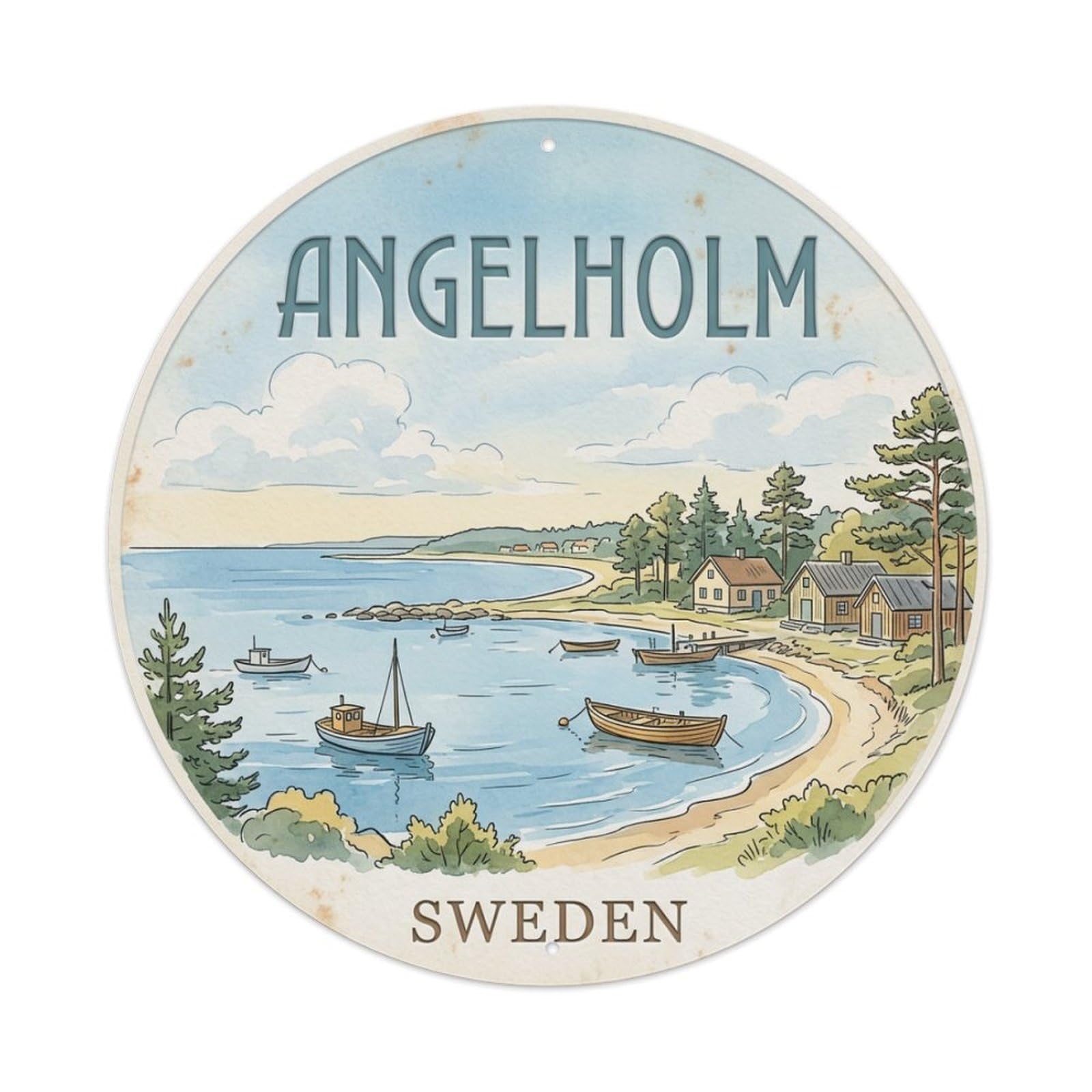Vintage Travel Angelholm Sweden Bay Metal Tin Sign