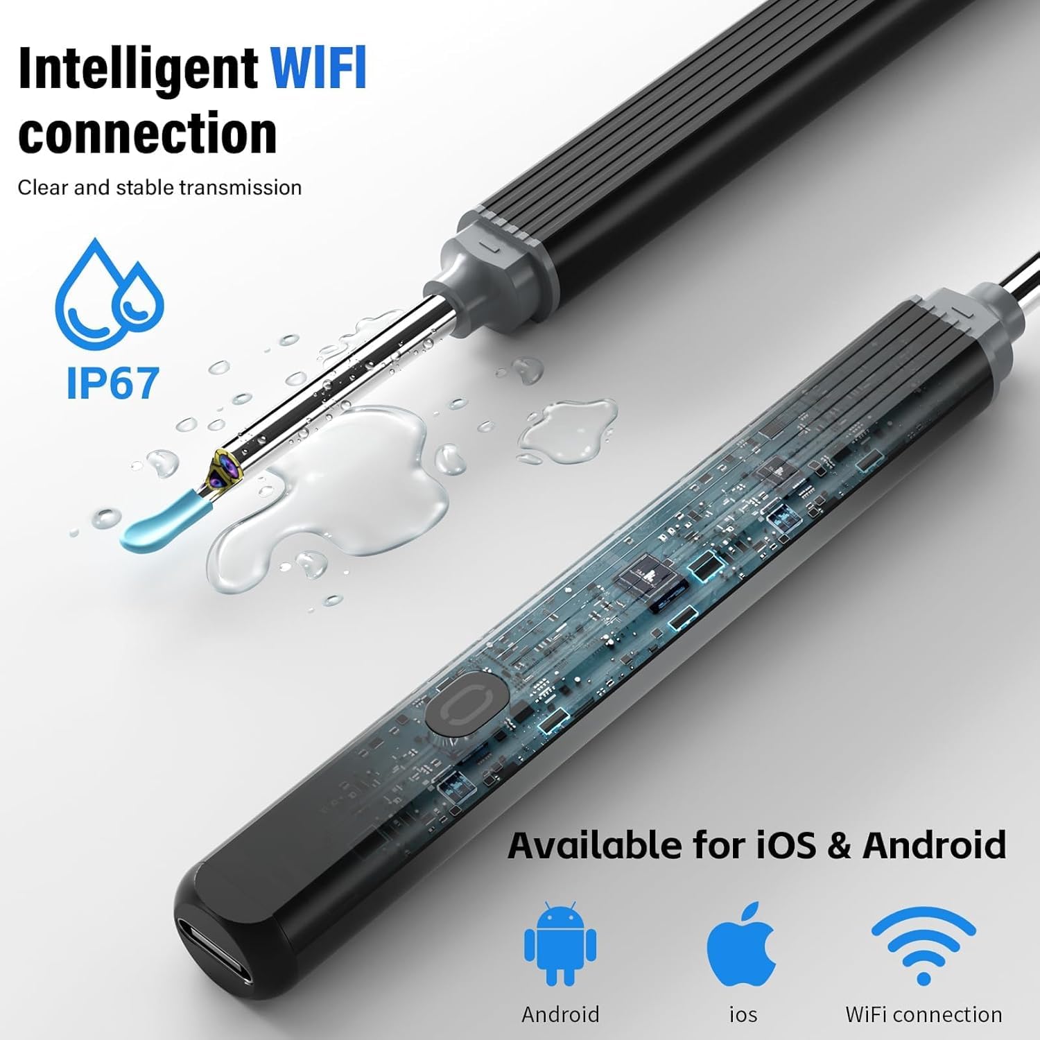 Otoscope Oreille avec caméra 1080P HD 3,5 mm étanche 6 Lumières LED pour Smartphones et Tablettes IOS Android Noir