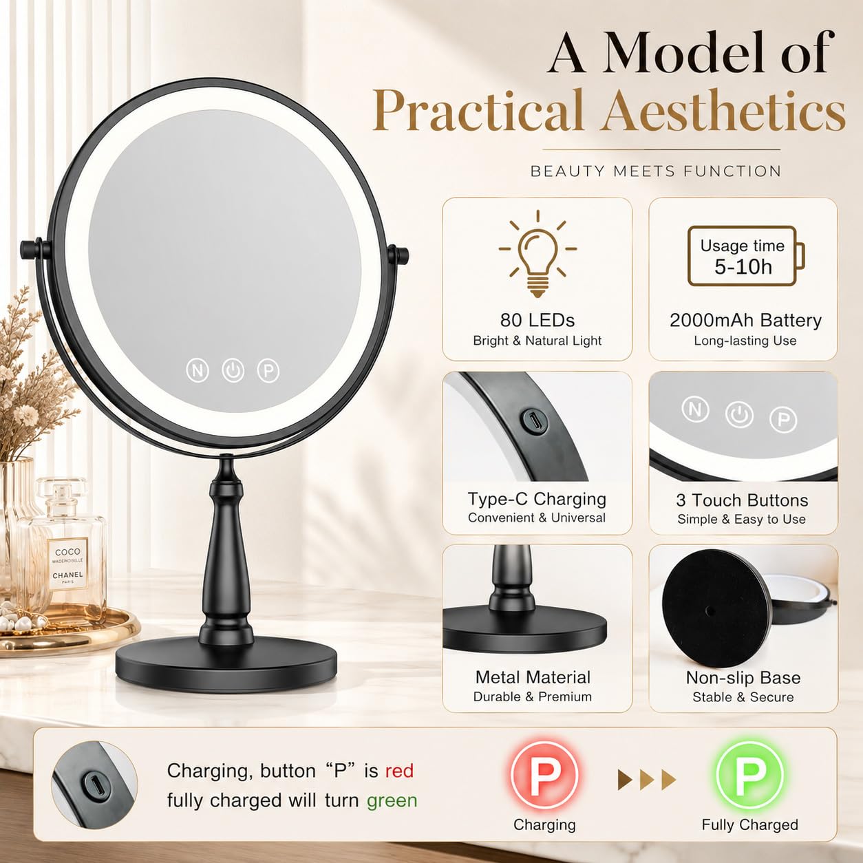 Lighted Makeup Mirror, 1X/20X Magnifying Vanity Mirror with Adjustable LED Lights