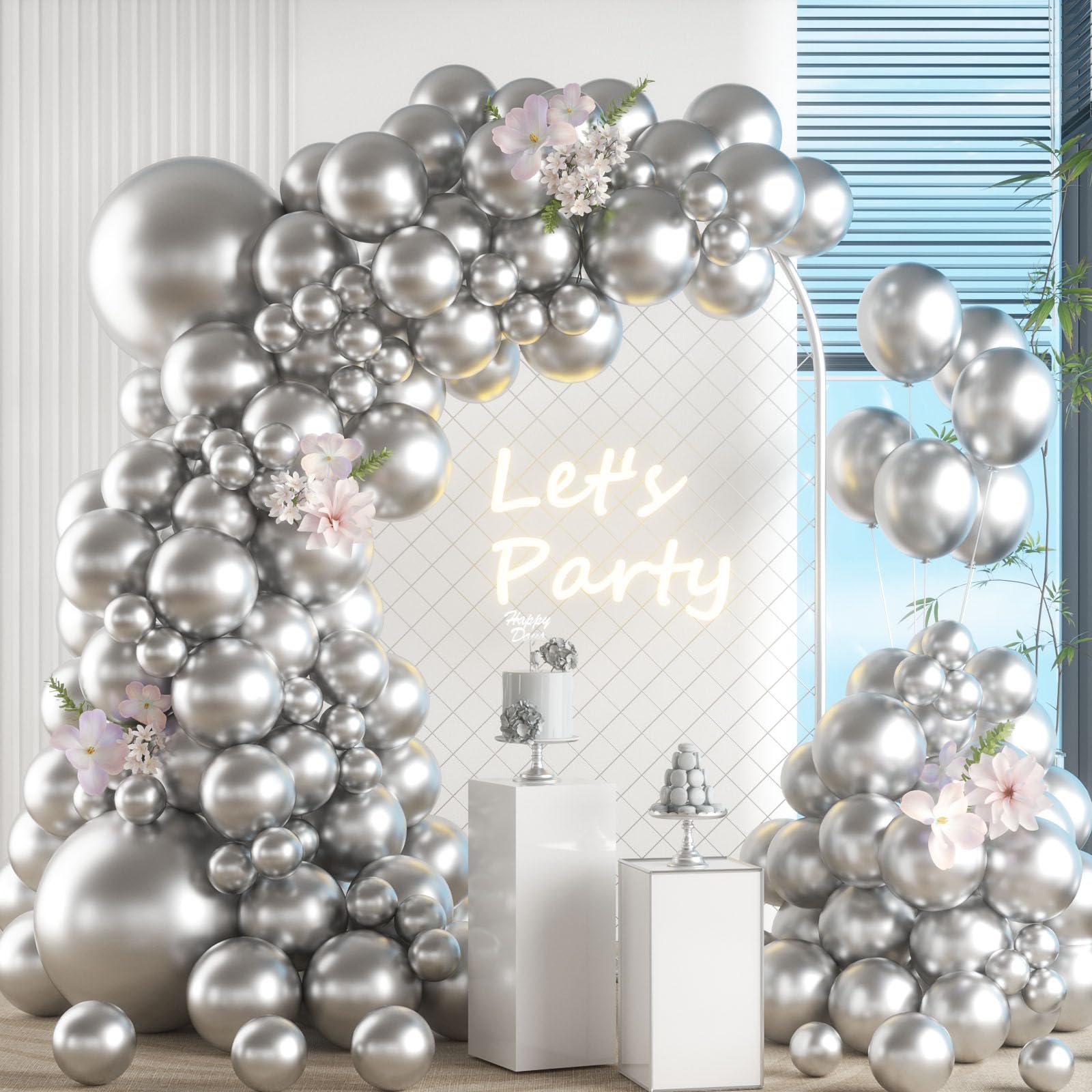 Guirnalda de globos Metal Plata, 105 Piezas 5 10 12 18 pulgadas Guirnalda Globos Cumpleaños Metal Plata, Kit de arco de guirnalda de globos Plata para Cumpleaños Fiesta Baby Shower Bodas Decoración