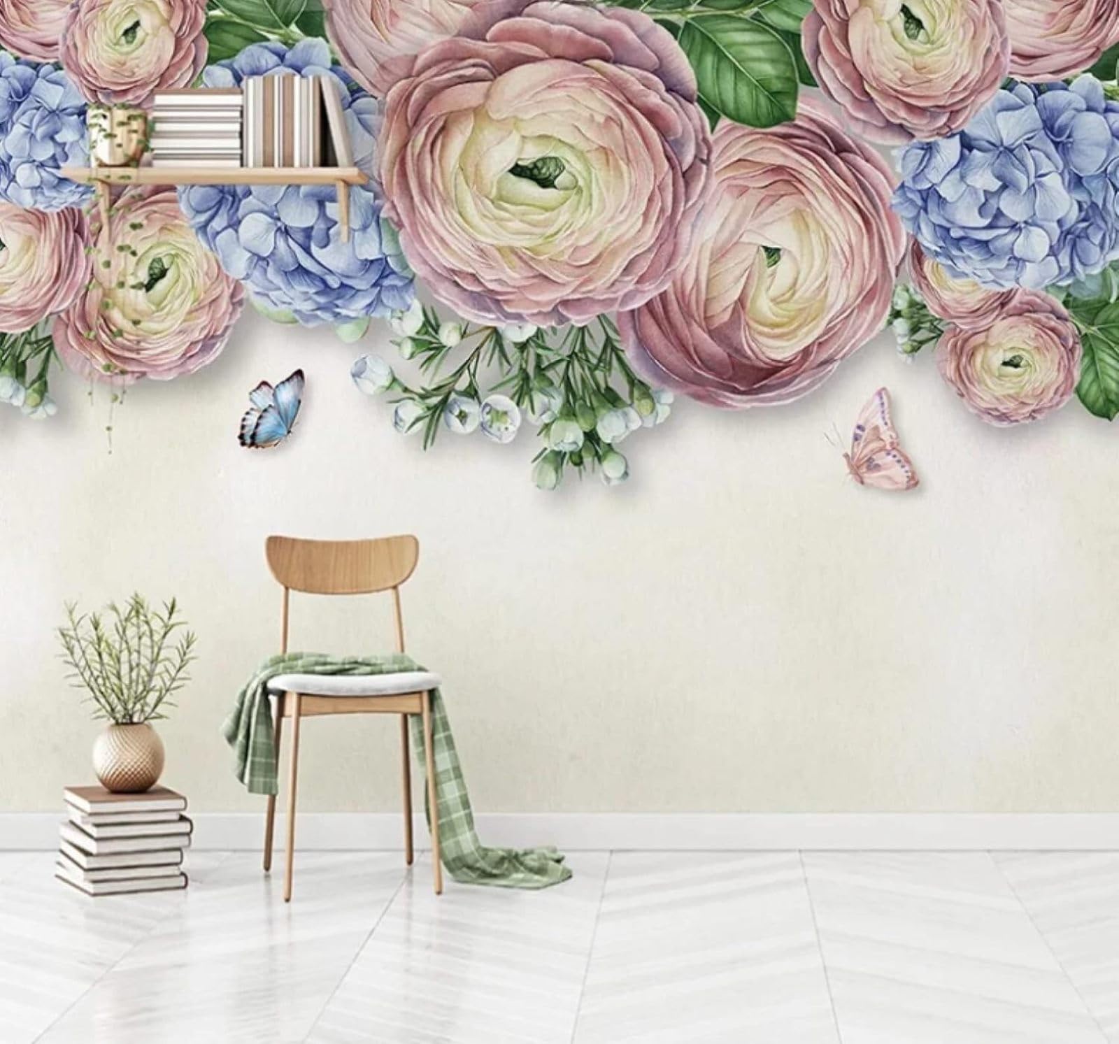 Hand Drawn Fresh Beautiful Butterflies Flowers 3D Wallpaper Easy Install Feature Office Living Room Sofa Bedroom TV Background Wall Decoration-400cm×280cm
