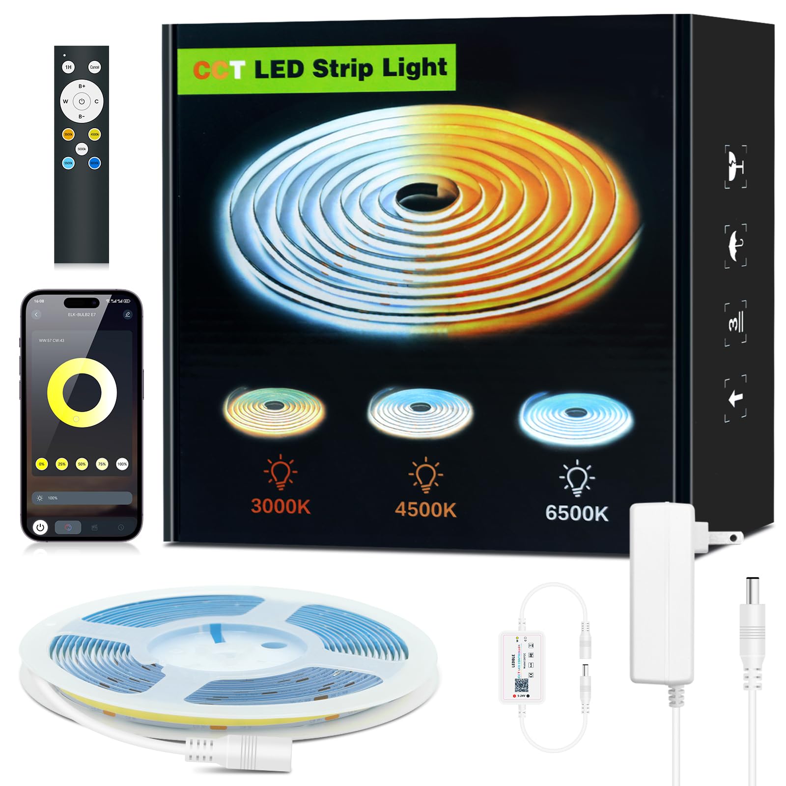 - Cob Led Light Strips with Remote, Cuttable RGB CCT Led Tv Lights Behind, 24 V 576 LEDs, Light Strips for Room, Bedroom, Indoor Home Decor, Tv Backlight and Cabinet Lighting (16.4 Ft)