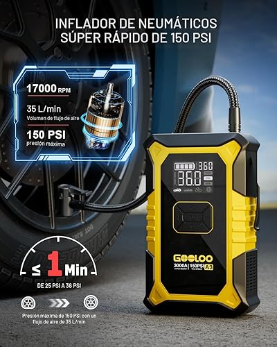 Miniatura 3 de GOOLOO Arrancador de salto A3 con compresor de aire, batería de coche portátil de 3000 A (9.0 gas6.5L diesel) con inflador de neumáticos de apagado