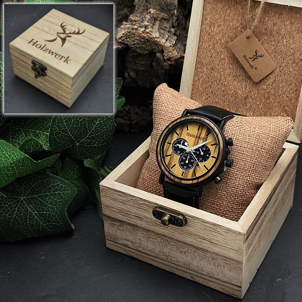 Ręcznie wykonany Holzwerk Germany® designerski zegarek męski ekologiczny naturalny drewniany zegarek chronograf zegarek na rękę analogowy zegarek kwarcowy brązowy czarny data drewno tarcza, czarno-brązowy