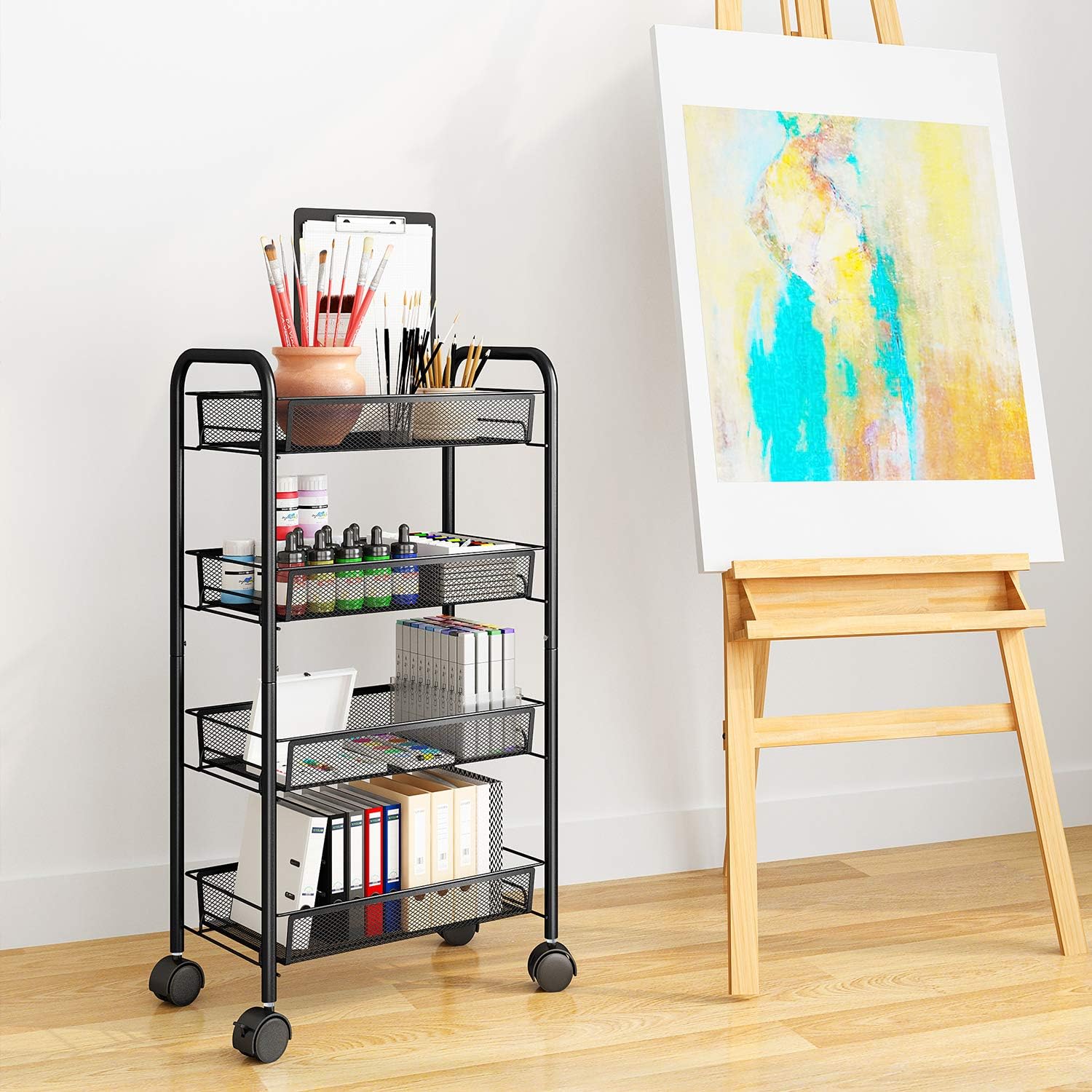 AIYAKA 4 Tier Rolling Utility Cart, Multifunction Storage Organizer, with Wheels Easy Assembly, for Kitchen, Office,Bathroom, Black