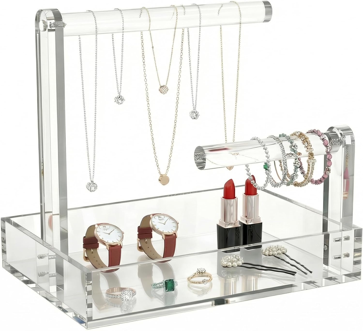 LUGUNU 2-Tier Acrylic Jewelry Organizer, Tangle-Free Necklace and Bracelet Holder Stand with Removable Trays, Clear Vanity Organizer for Earrings Rings, Modern Dresser Decor