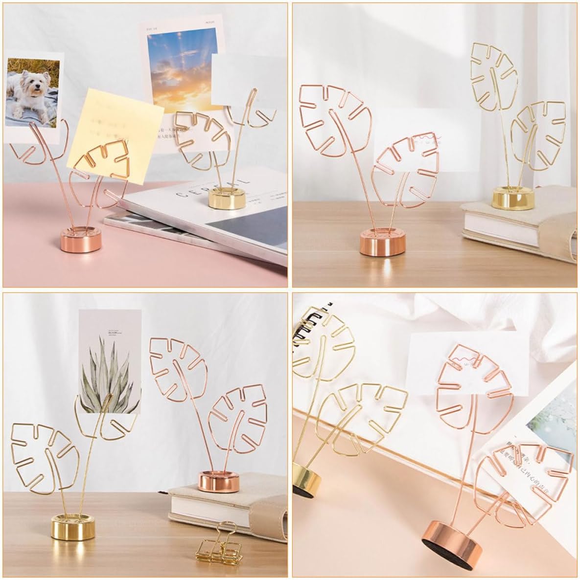 SHINEOFI Rose Gold Metal Leaf Shape Memo Clip with Base, 2pcs Desktop Photo Holder and Note Clamp for Office and Home Décor