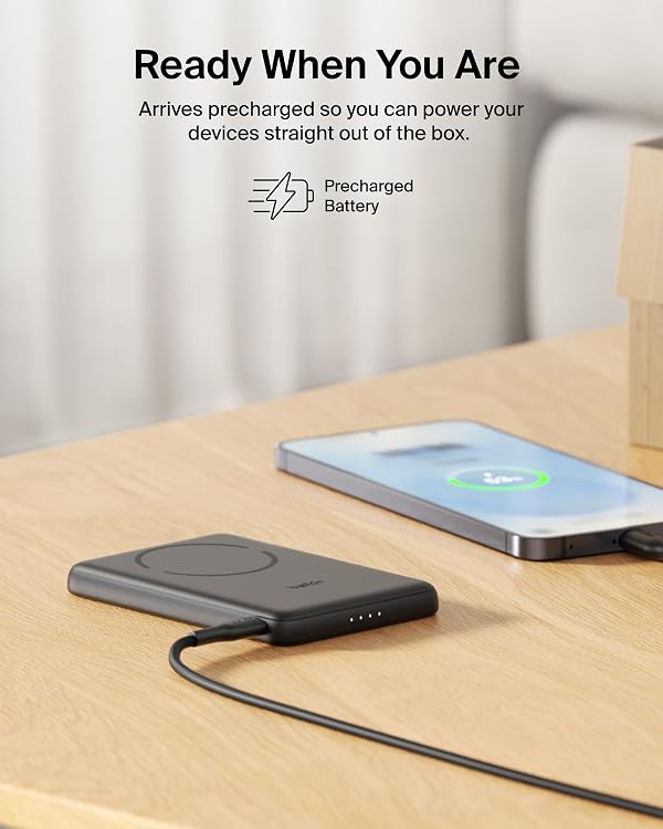 Belkin MagSafe Power Bank 5,000mAh, Ultra-Slim Qi2 15W Certified Magnetic Back Supports MagSafe Accessories On-the-Go, Wireless Battery Pack w/USB C Cable for iPhone 17, Pixel 10, Travel - Black by Belkin - Used condition - Image 7