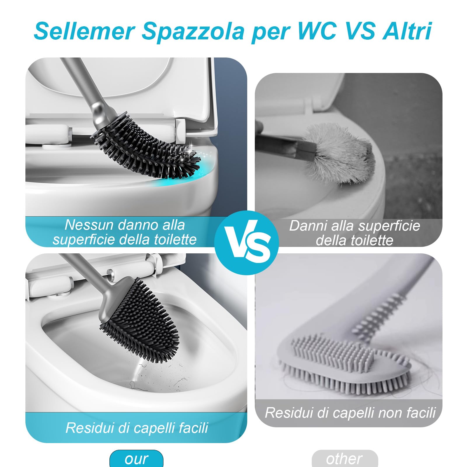 Sellemer Scopino WC Silicone, 2 Pezzi Scopino Bagno Montaggio a Parete/in Piedi, Scopettino Bagno con Supporto Traspirante ad Asciugatura Rapida, Scovolino WC Flessibile per WC(Argenteo)