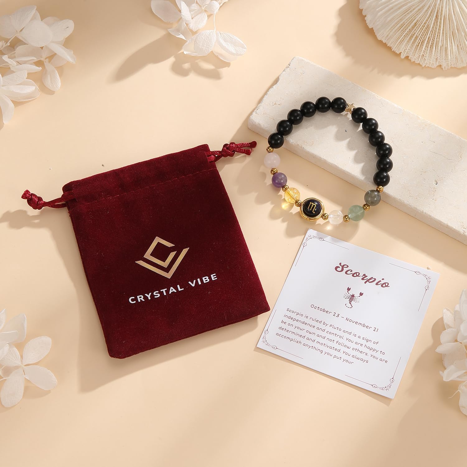 Crystal Vibe Scorpio Zodiac Bracelet Healing Crystal Constellation Bracelet with Rose Quartz Amethyst Citrine Crystal Quartz Green Fluorite Labradorite Horoscope Gift