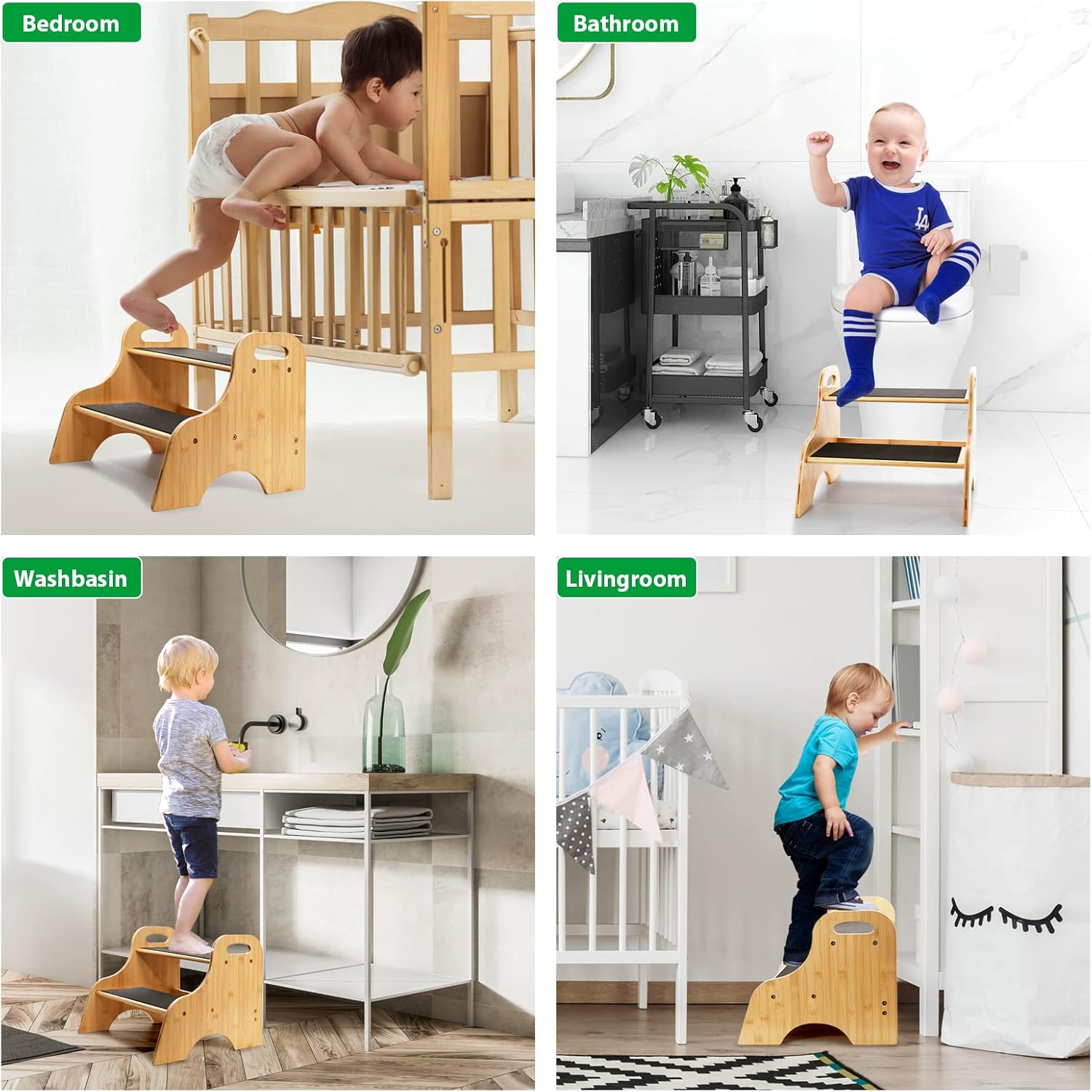 Ollieroo Bamboo 2 Step Stool, Heavy Duty Kids Stool with Non-Slip Stepping Surface, for Adults, Toddler Bathroom Sink Kitchen Counter Bedside(Natual), Natural (TL21200)