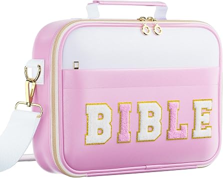 WOBAGMEN Bible Cover Case for Women,Large Leather Bible Carrying Cases Christian Gifts for Women Men Girls,Preppy Chenille Letter Bible Bag Bible Purse with Shoulder Strap,Purple