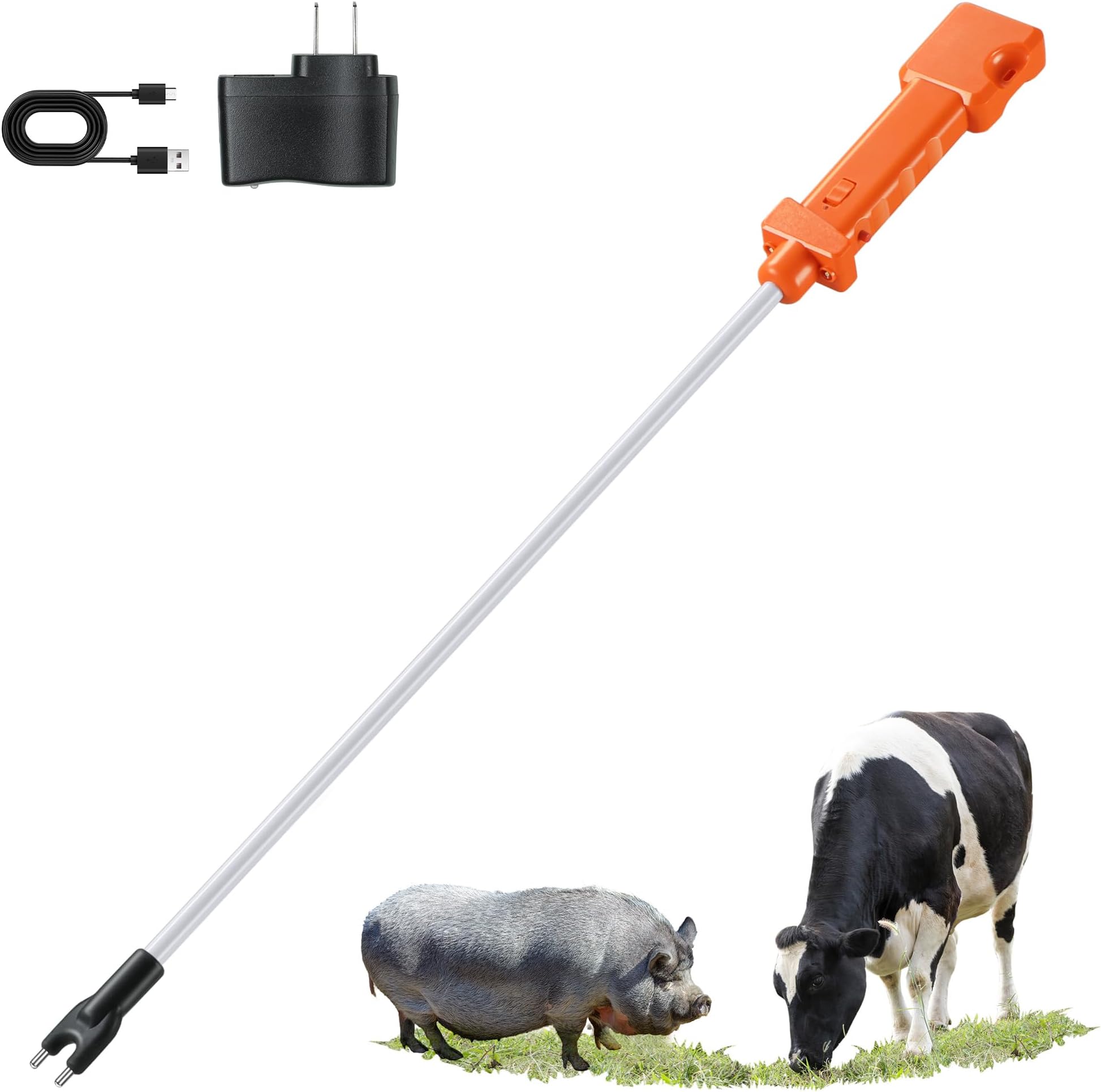 Cattle Prod, Waterproof Cattle Prod Stick with 2 LED Light, Rechargeable Electric Livestock Prod, Flexible Shaft (Total Length 34.7 Inch) for Cattle, Cow, Dog, Hog, Goat, and Sheep.