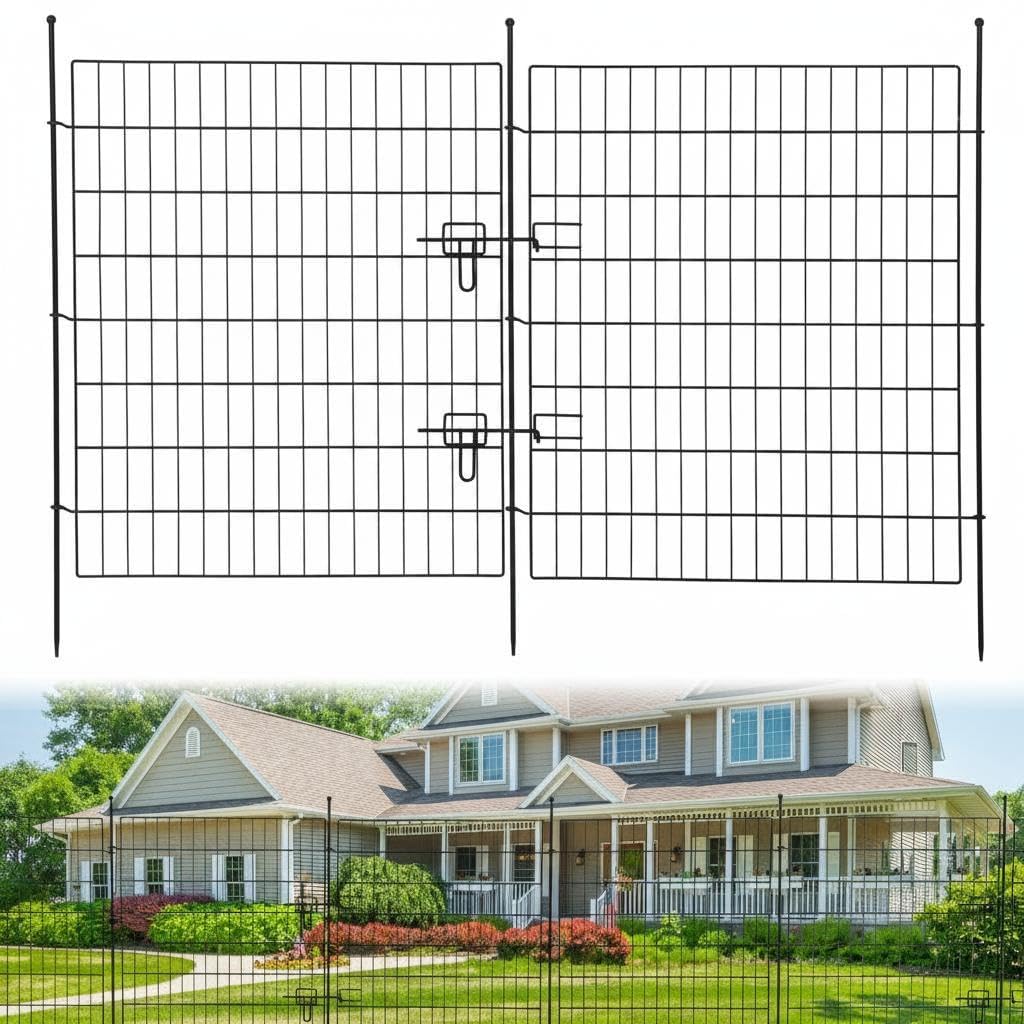 15 Panels No Dig Decorative Garden Fence, Rustproof Metal Animal Barrier Ground Stakes Fencing with Gate, Outdoor Decorative Tall Dog Fence with All-Weather Anti-Rust Coating for Yard, Garden
