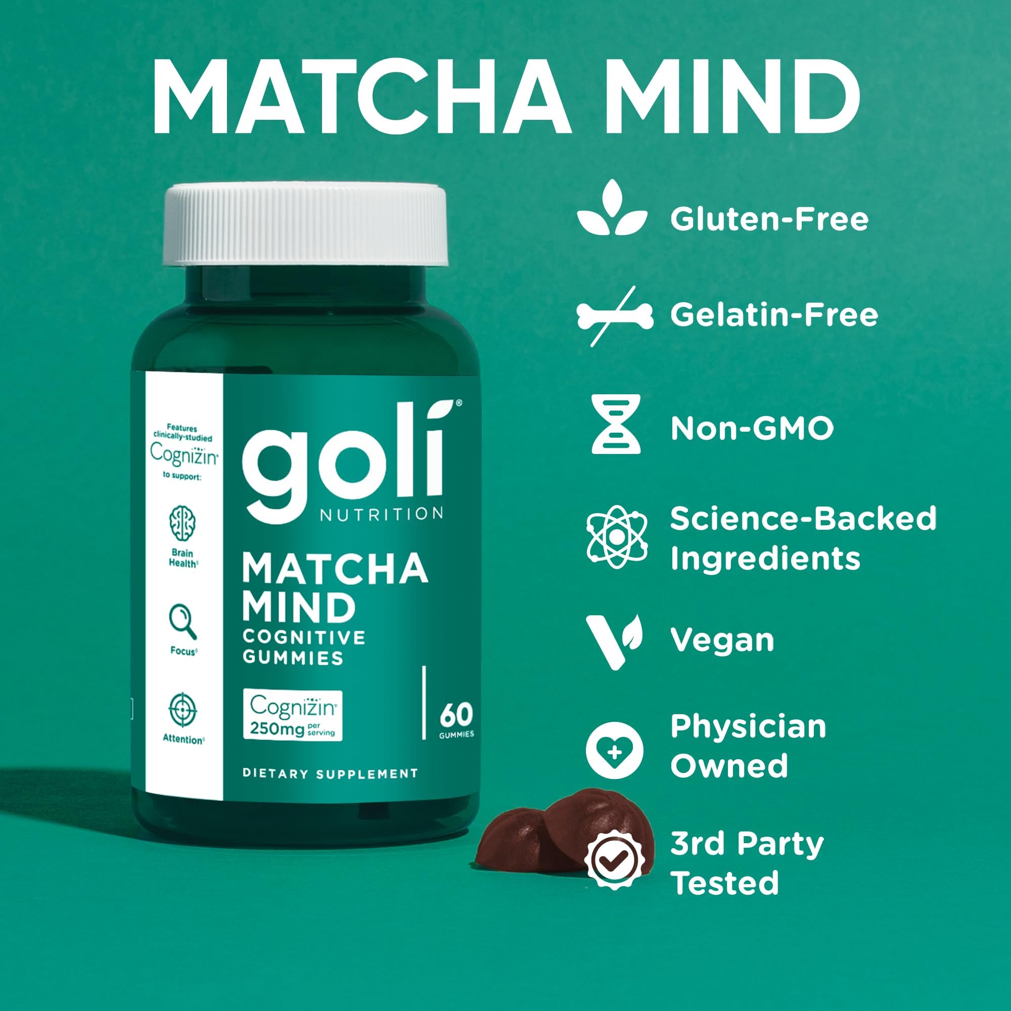 Goli Matcha Mind Cognitive Gummies with Cognizin Citicoline - 250mg Citicoline Plus Matcha Powder - Brain Health and Focus Support - Vegan, Non-GMO, Gluten-Free — Amazon image 9