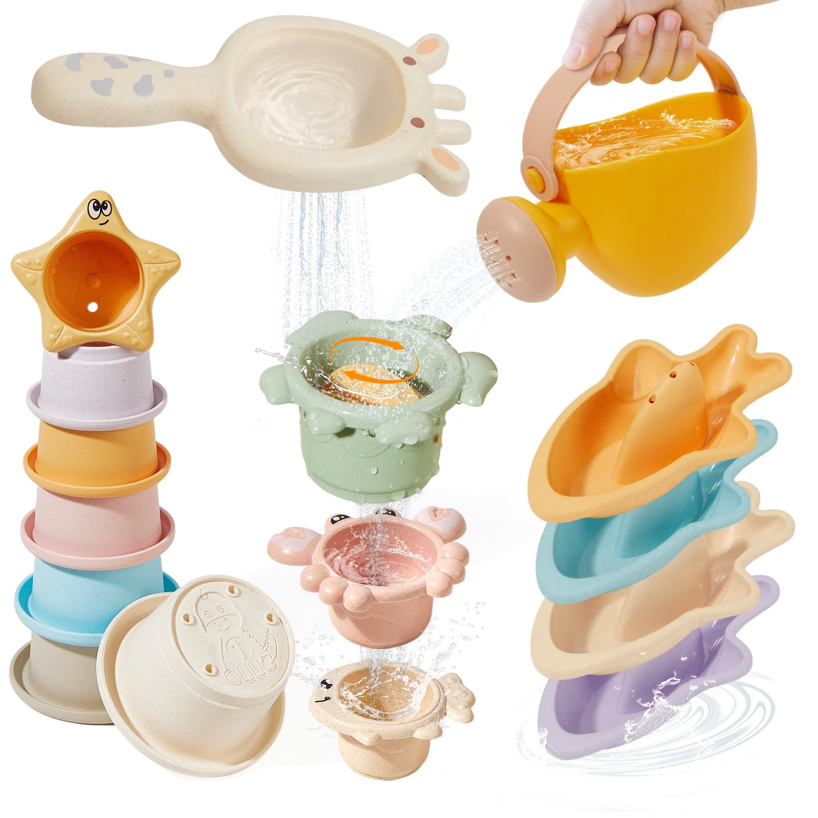 Juguetes de baño, 16 unidades, juguetes de agua para bañera sin moho, con barcos flotantes seguros, cuchara y tazas apilables educativas tempranas, regadera de fácil agarre y fácil de limpiar